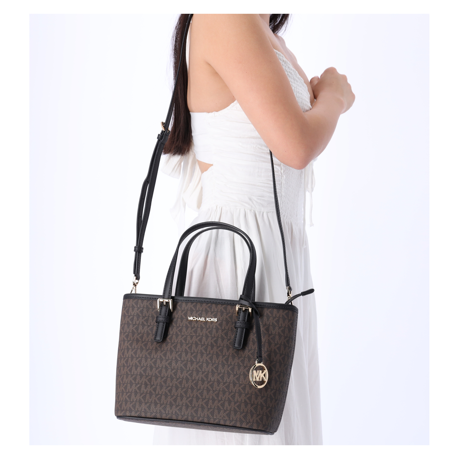 Michael Kors Jet Set Small XS Carryall Convertible Tote Crossbody Brown MK Black
