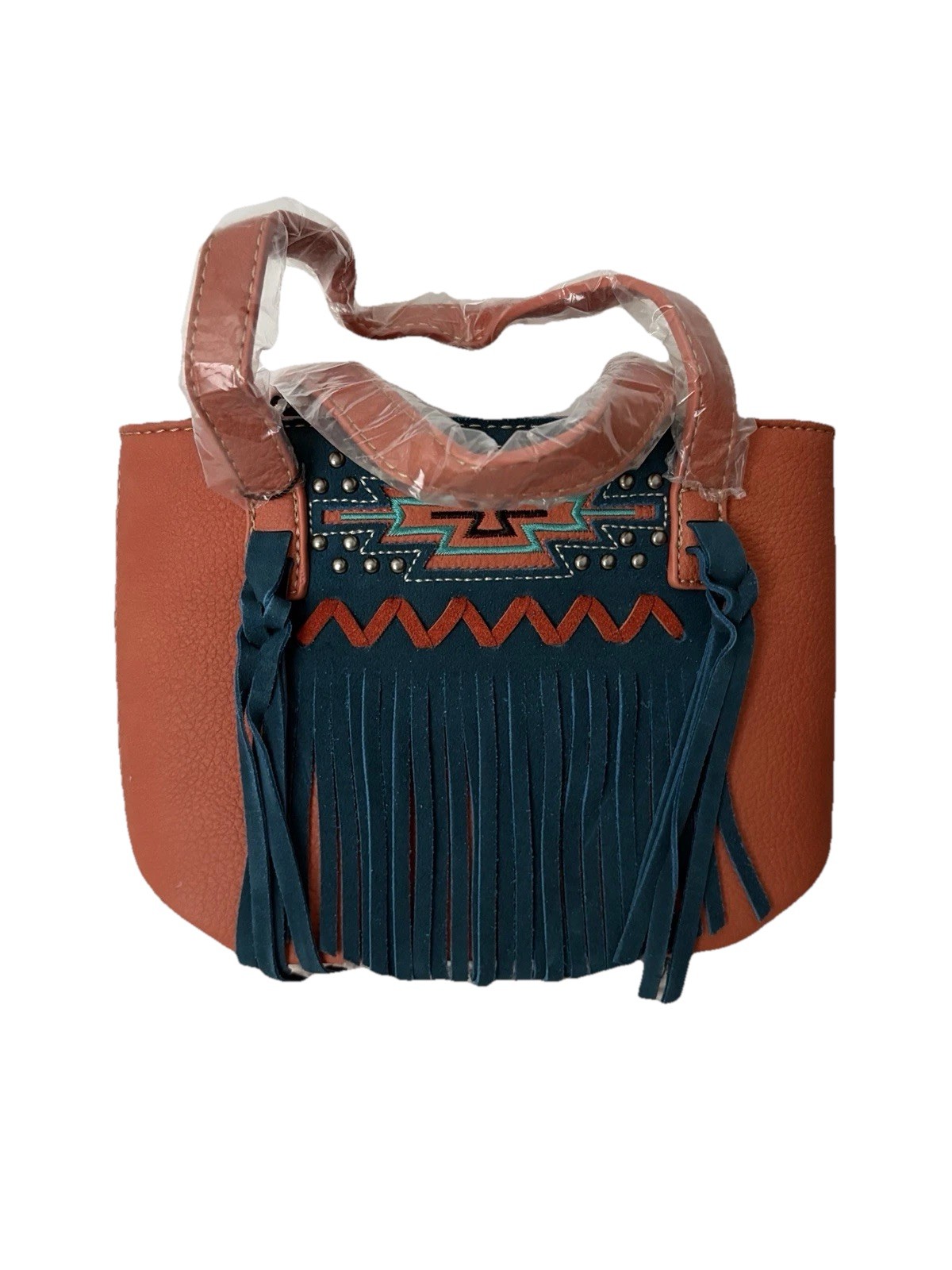 MW1214-923OR Montana West Aztec Orange & Blue Studded Bag Suede Tassels NWT