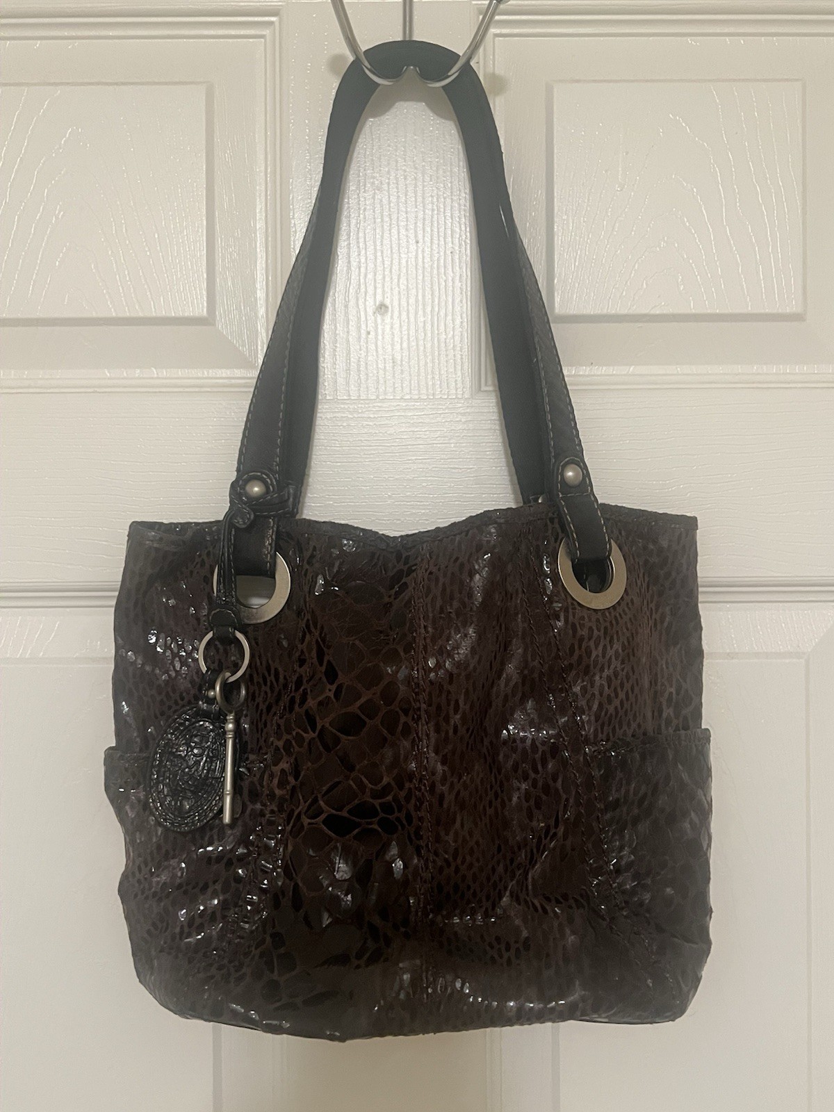 Fossil Hathaway tote Y2K bag, brown, shiny snakeskin print leather,BohoChic