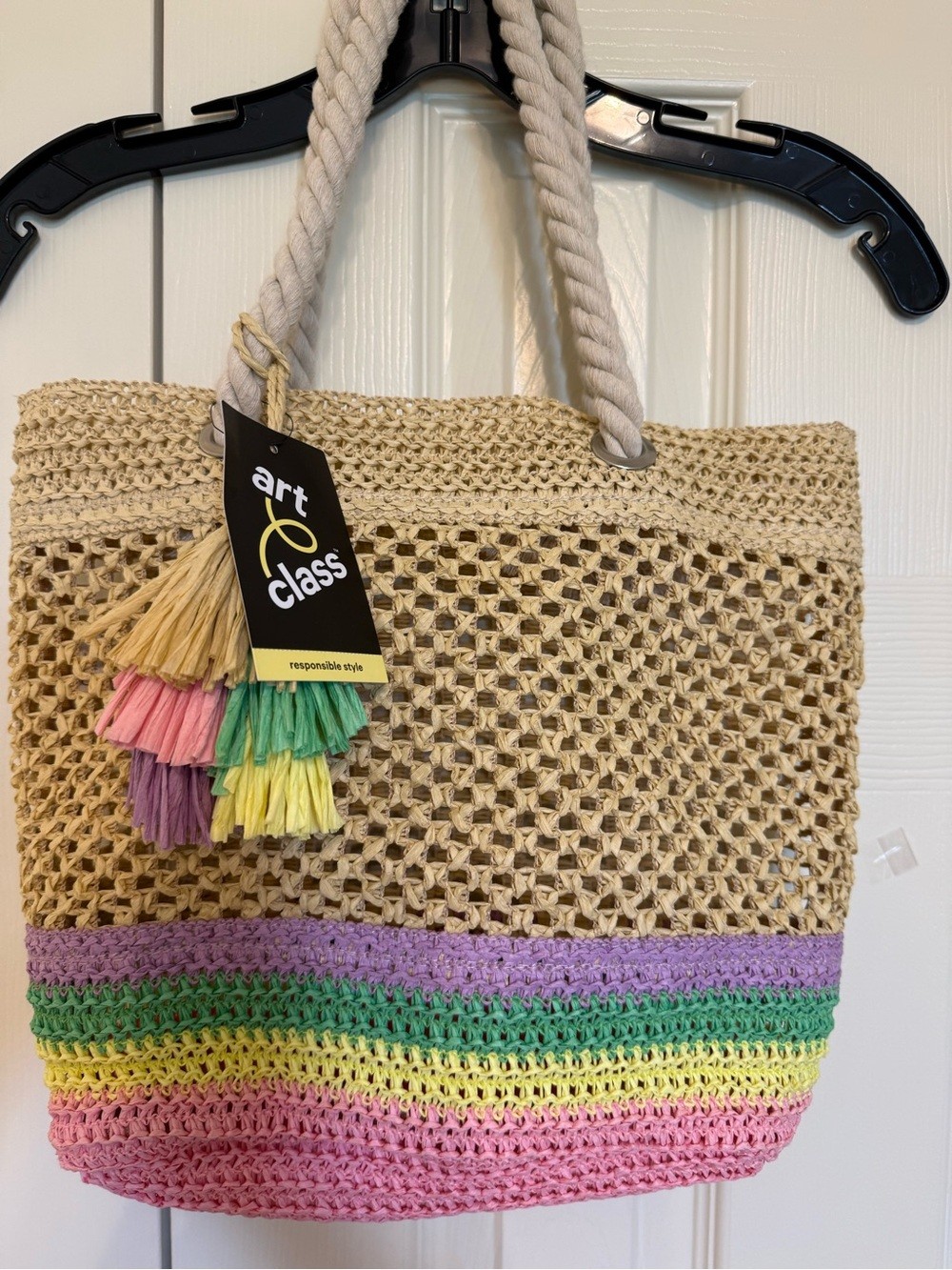 NWT Art Class Straw Beach Tote Bag Rainbow Stripe Tassel Rope Handle