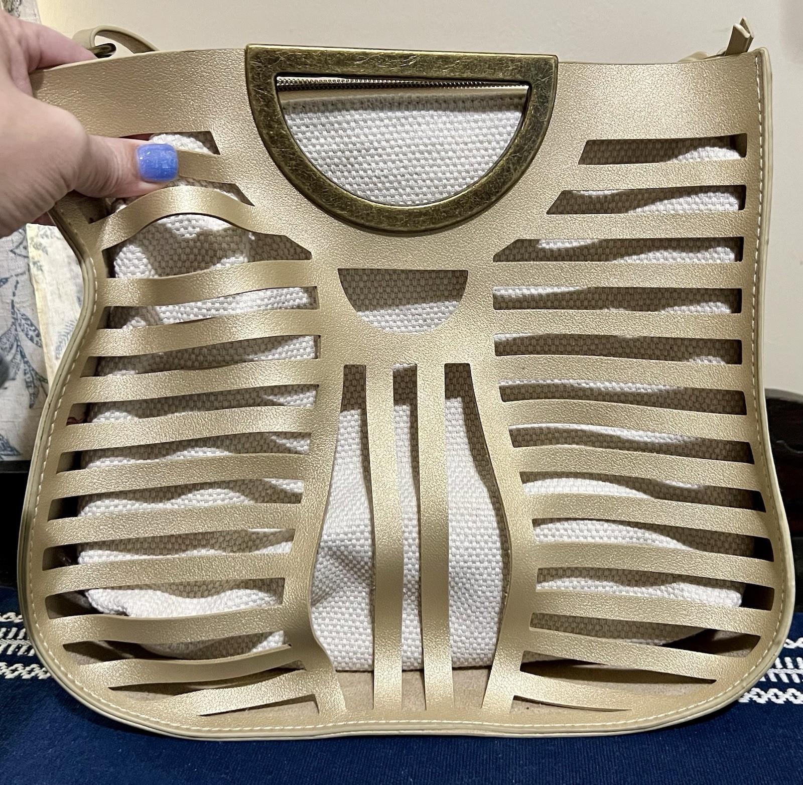 Laser Cut-Out Handbag Removable Canvas Insert Ivory Faux Leather Large Rare