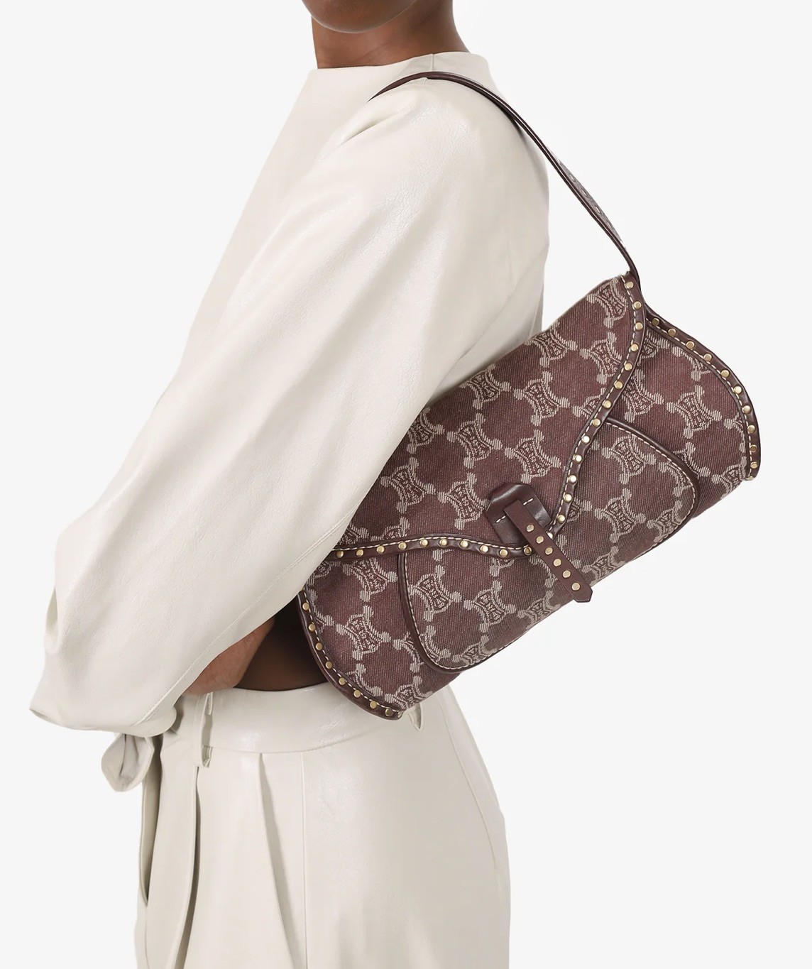 Celine Denim Triomphe Monogram Studded Poulbot Shoulder Bag in Burgundy Colour