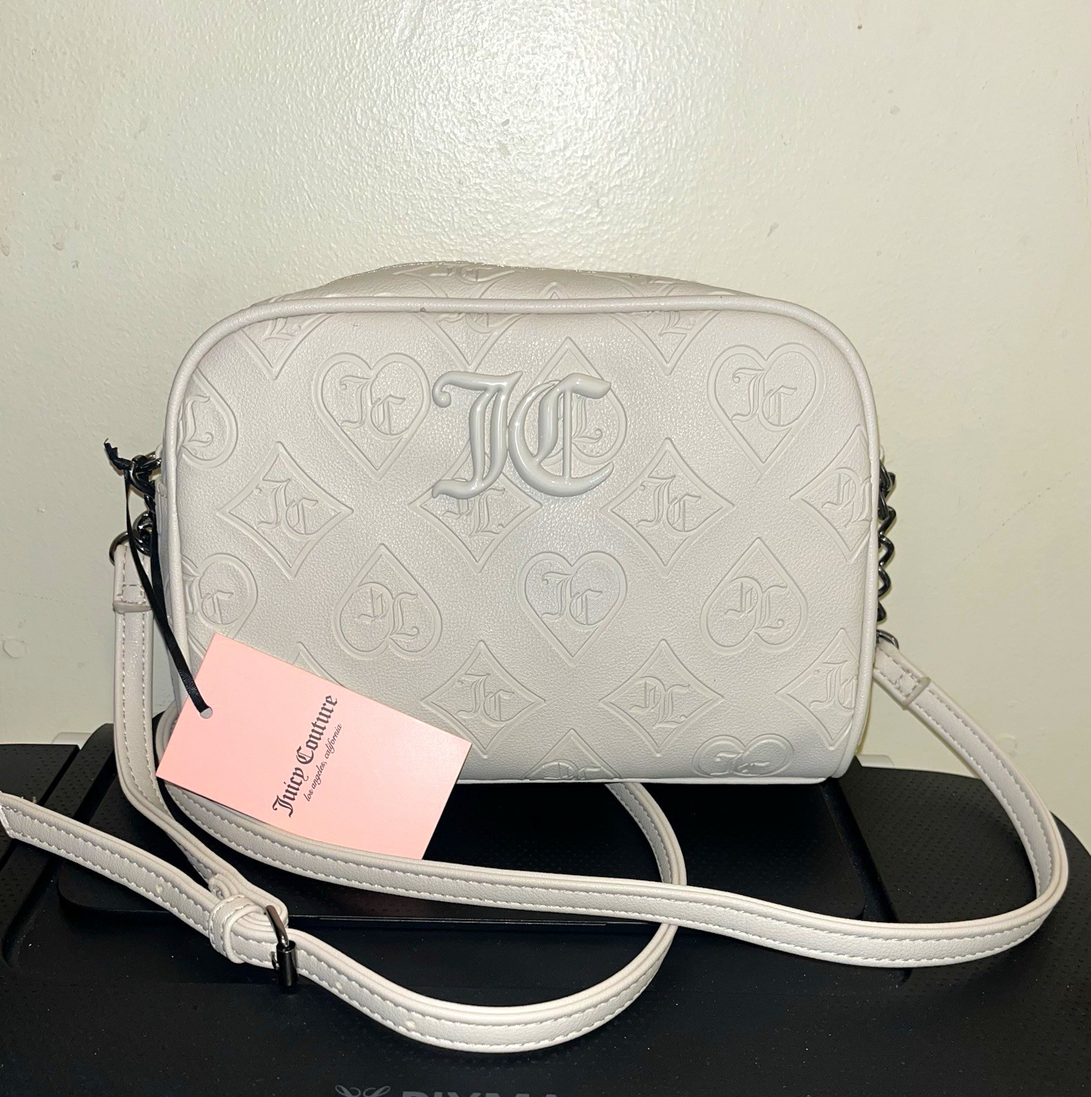 Juicy Couture Cream Embossed JC Monogram Zip Crossbody Bag w/Adjustable Strap,