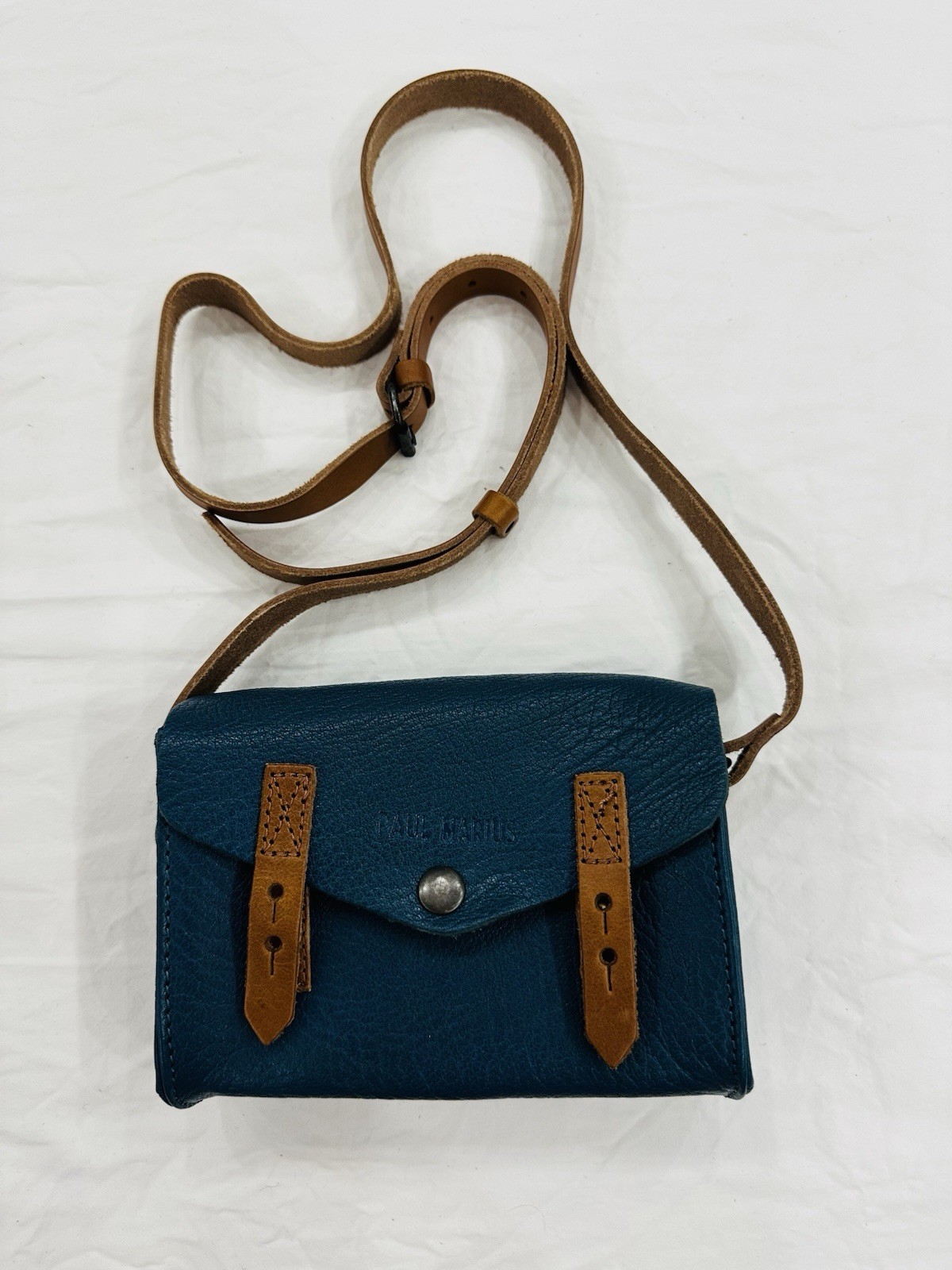 PAUL MARIUS Leather Mini Crossbody Satchel Bag Teal Blue & Cognac Brown