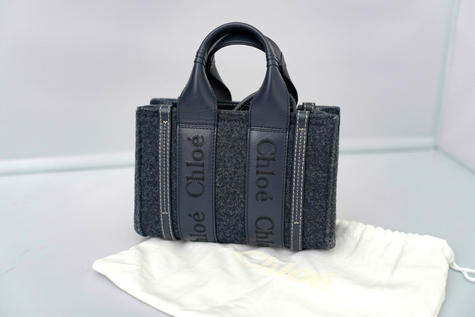Chloé Woody Small Tote Bag Felt Wool Calfskin Leather Charcoal Grey Navy New