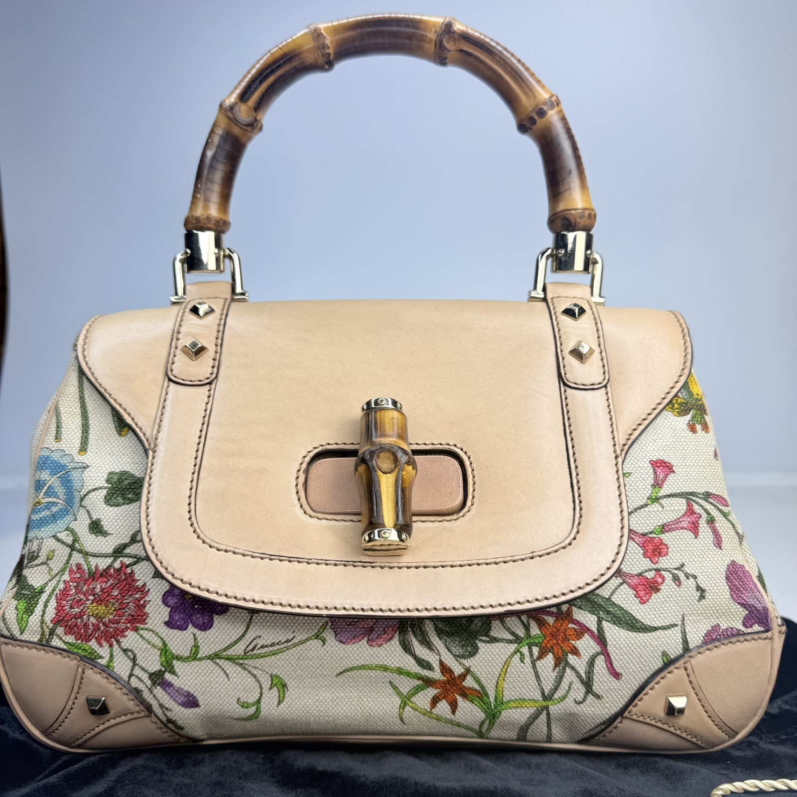 GUCCI Bamboo Flora Top Handle Bag Camel Canvas Leather Auth