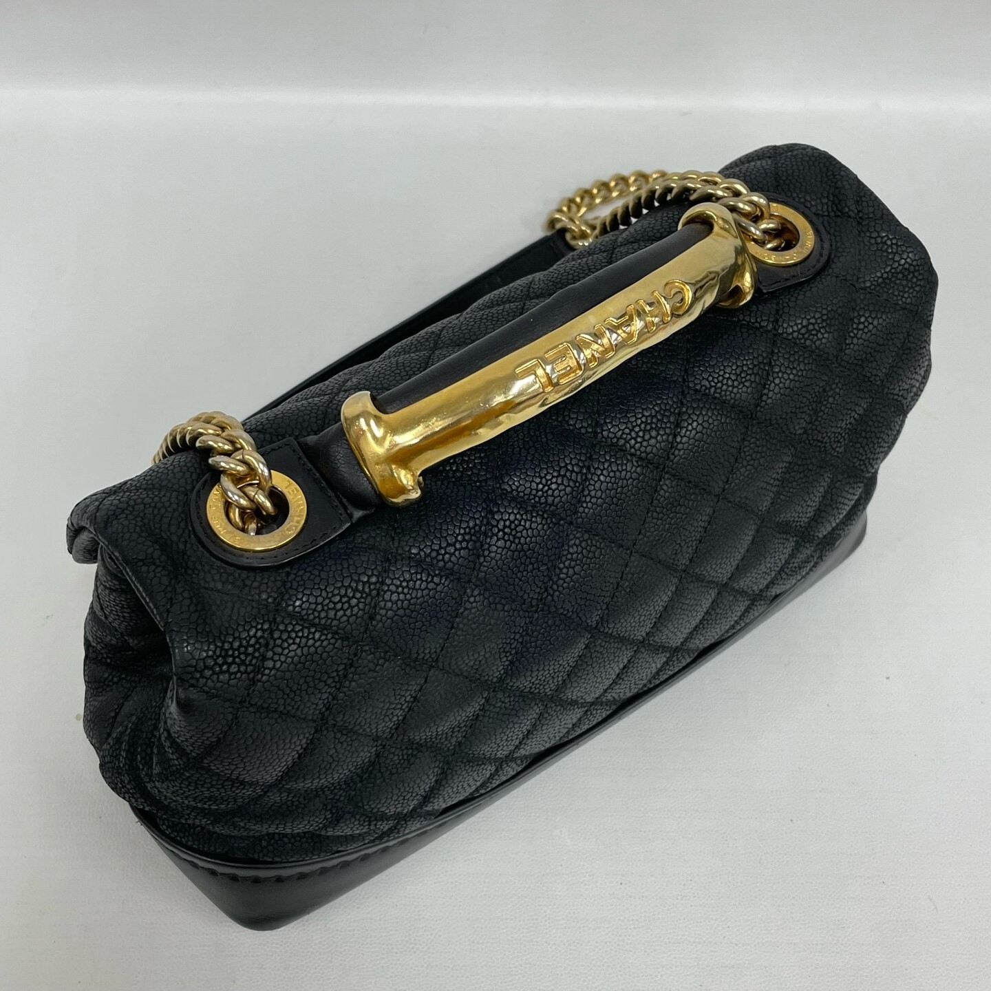Chanel Black Gold Caviar Metal Handle Chain Top Handle Shoulder Bag