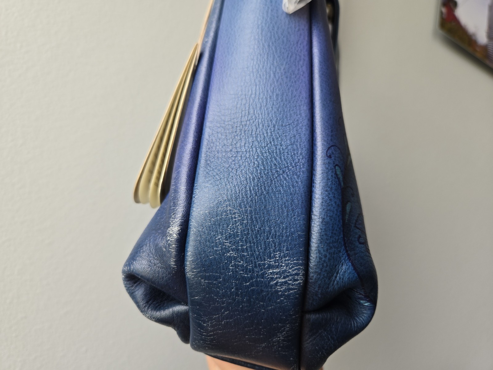 Anuschka Blue Leather Hummingbird & Butteryfly Painted Shoulder / Crossbody Bag