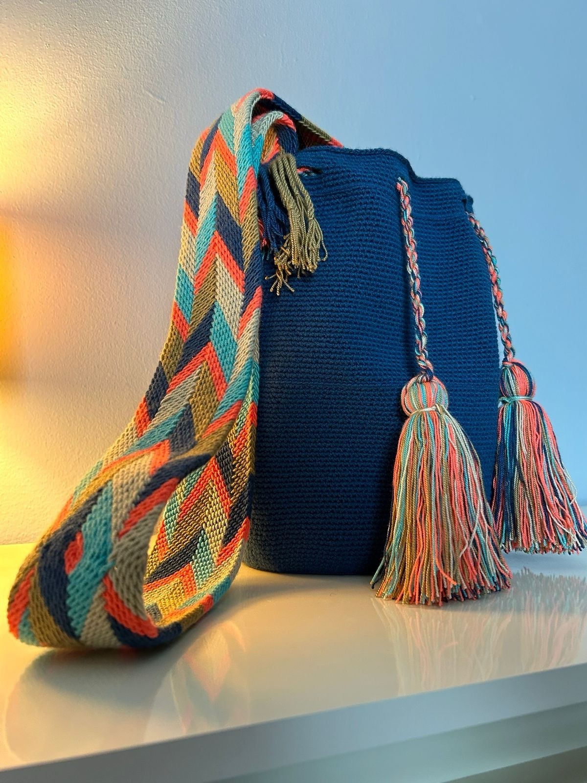 Women’s Blue Bucket Drawstring Crossbody Bag, Adjustable Strap, Tassels