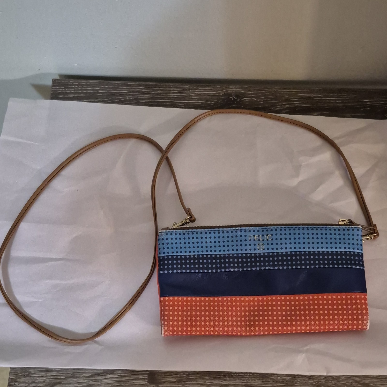 Relic Women’s Polka Dot Blue Orange Navy Crossbody Bag with ID Window Accent