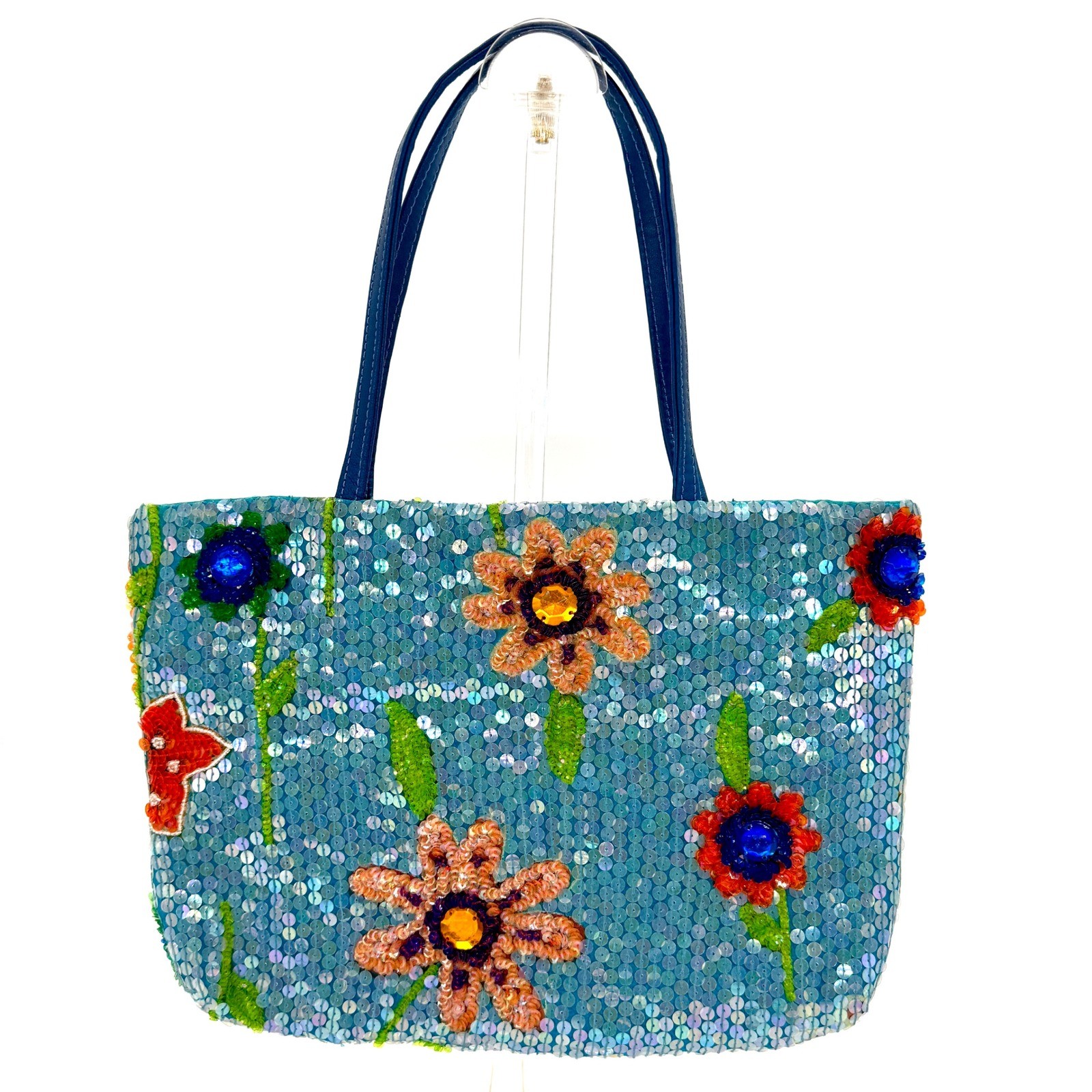 Christiana Beaded Sequin Flower Tote Bag Blue Orange Sparkle Colorful Purse