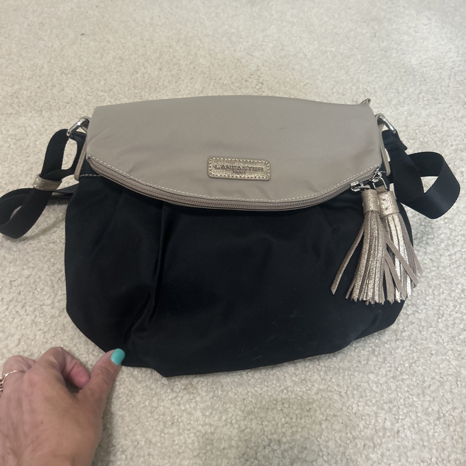 Lancaster PARIS Black+Beige Nylon FoldOver Zip Flap Logo Strap Crossbody