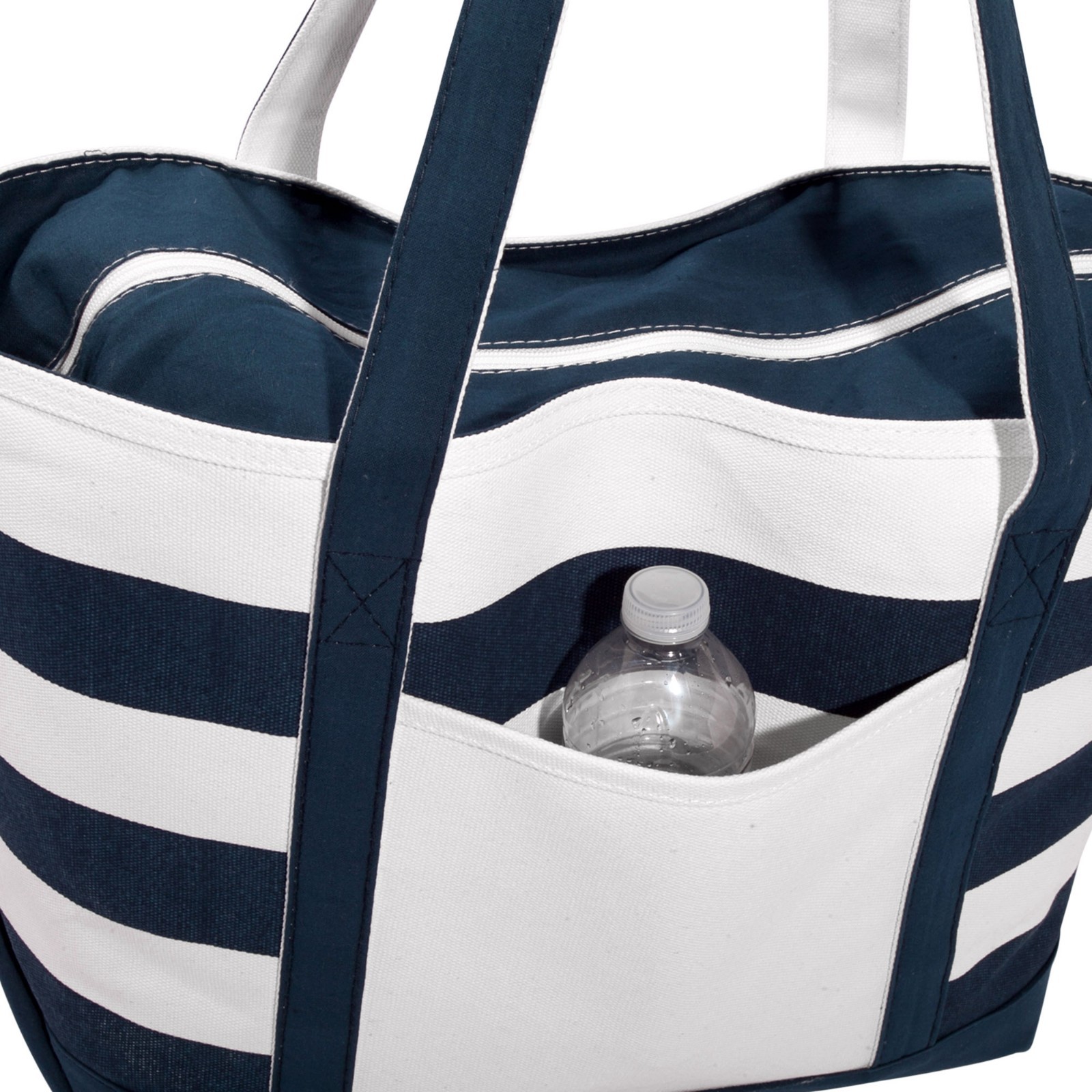 DALIX Premium Beach Bags Striped Navy Blue Zippered Tote Bag Monogrammed A-Z