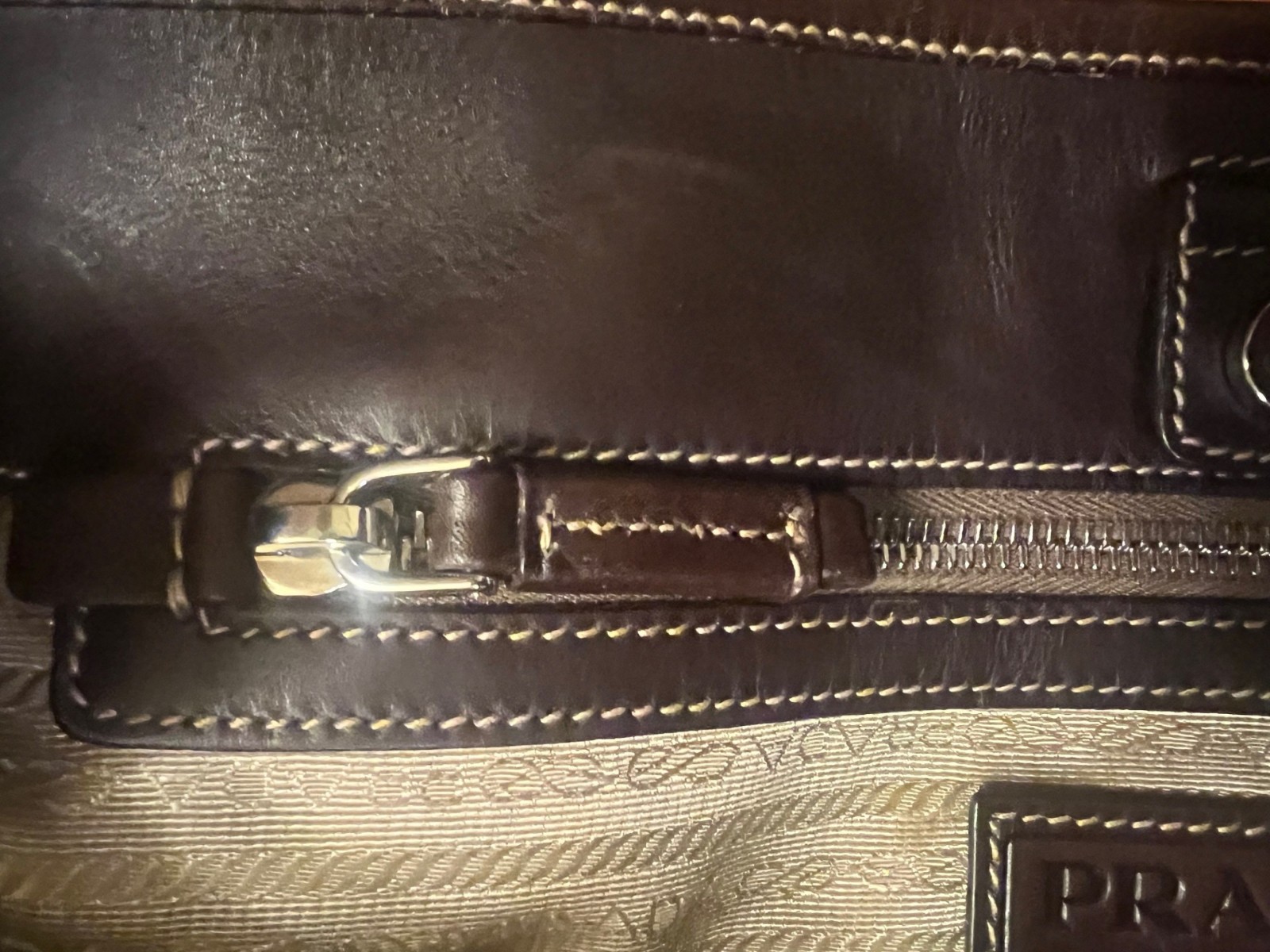 Prada Tote Bag Canvas Leather Beige Brown Silver Hardware Logo Shoulder Purse