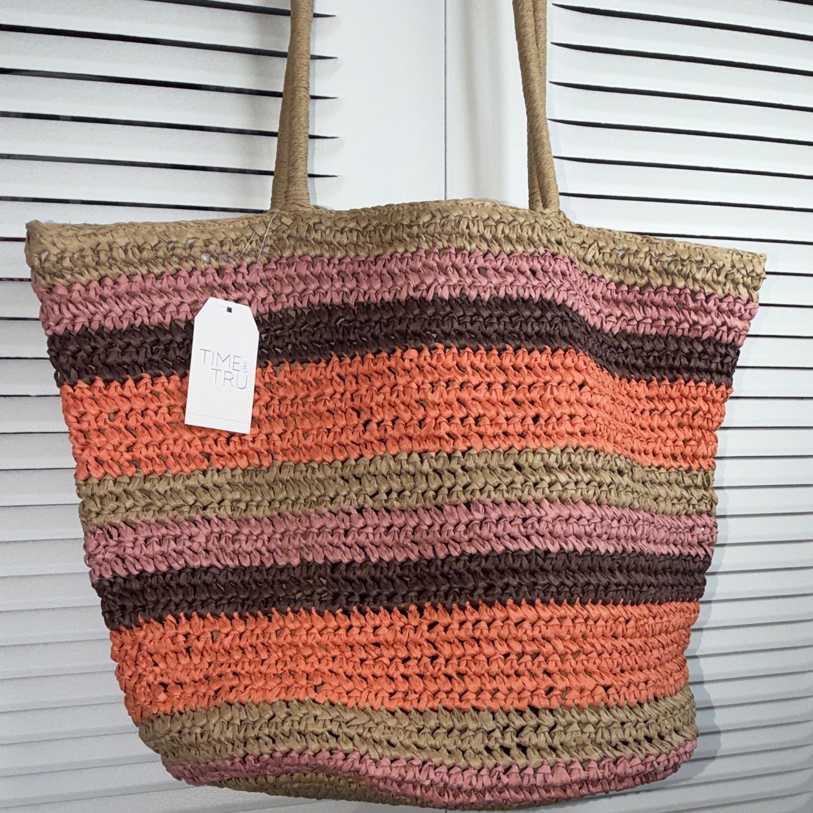 Time and Tru Women’s Striped Multicolor Tote Shoulder Bag, Woven Accents Beach