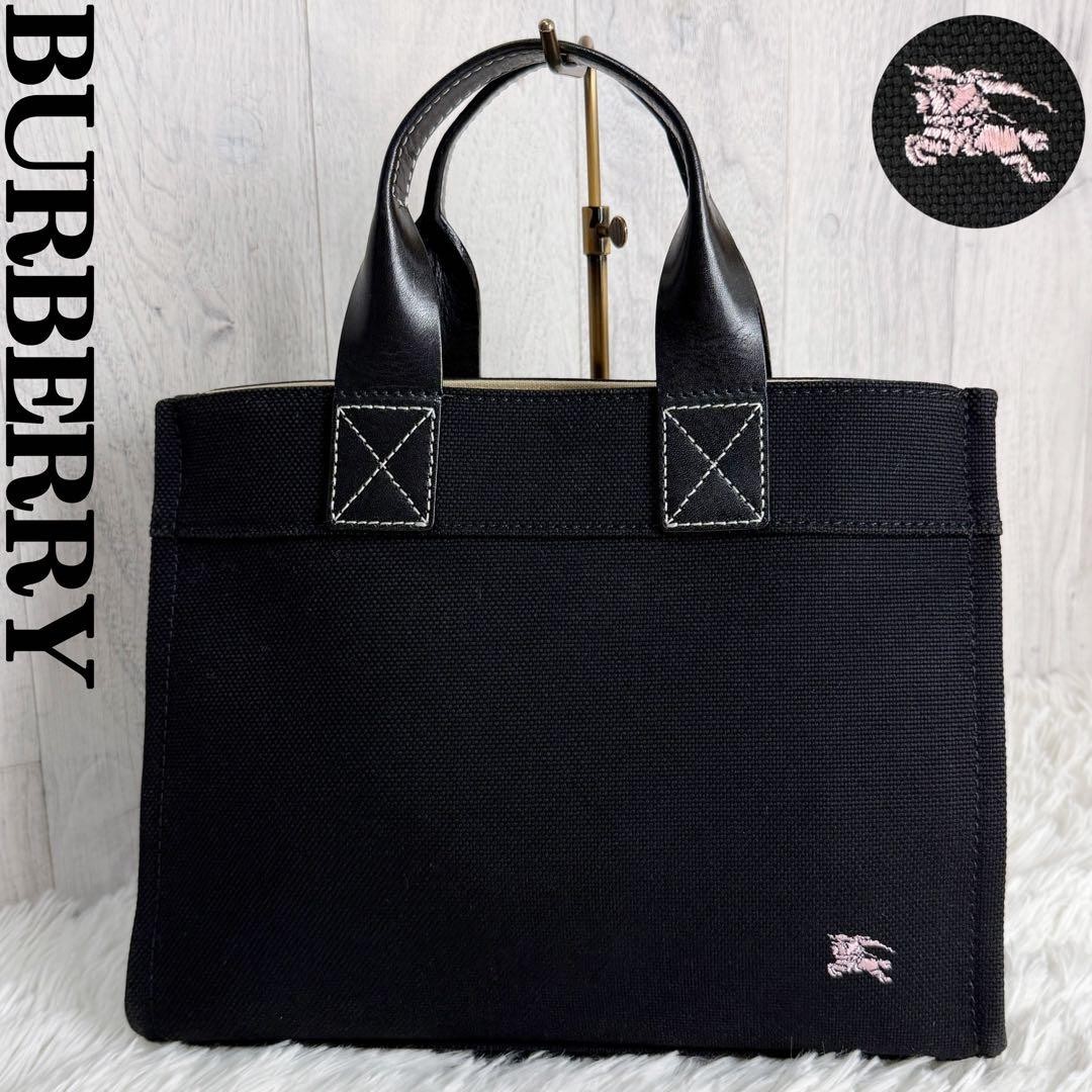 Burberry Horse Logo Canvas Tote Bag Black Leather Trim Authentic Women’s