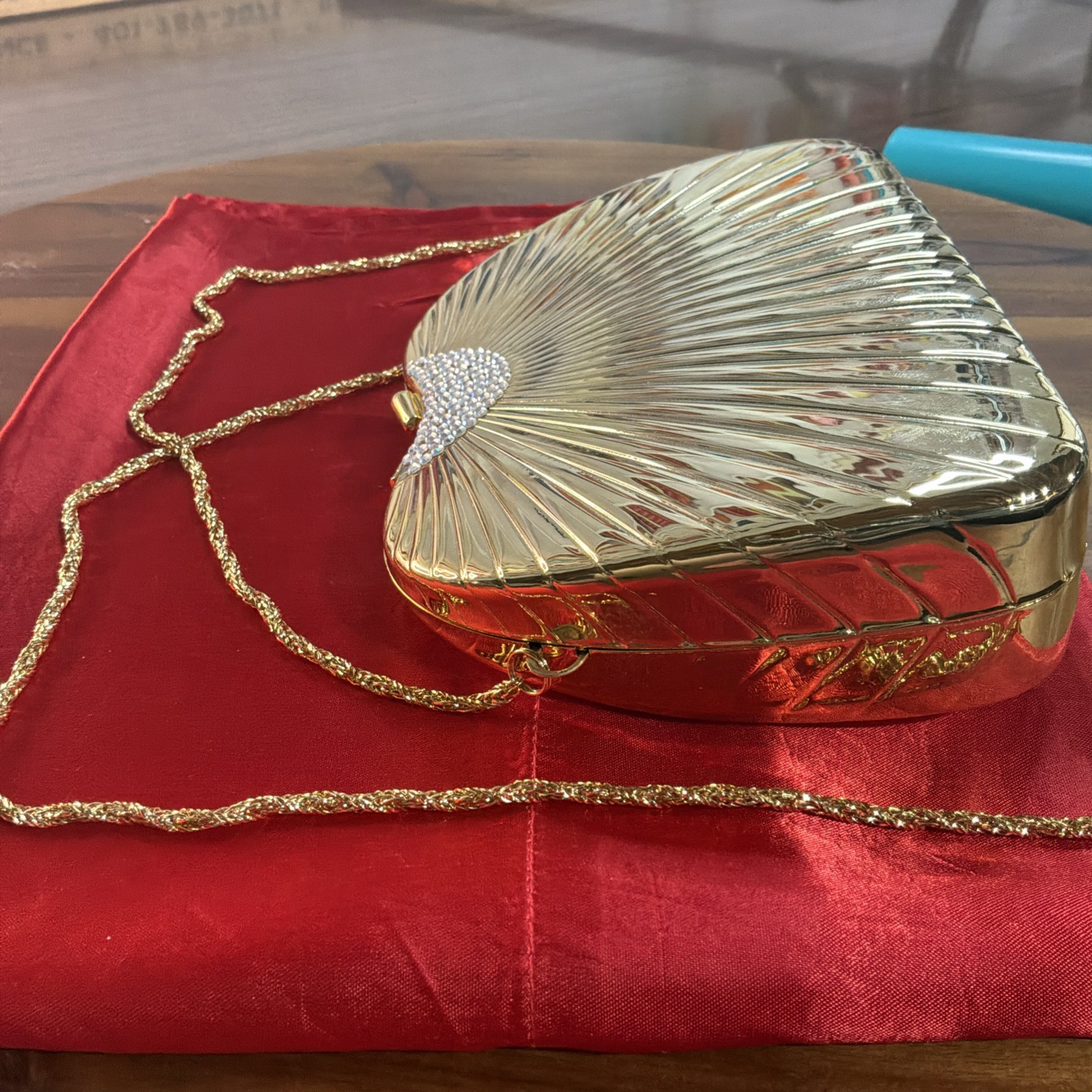 Carla Marchi Purse, Luxury Vintage Gold Clamshell Evening Clutch, Sunburst Ribed