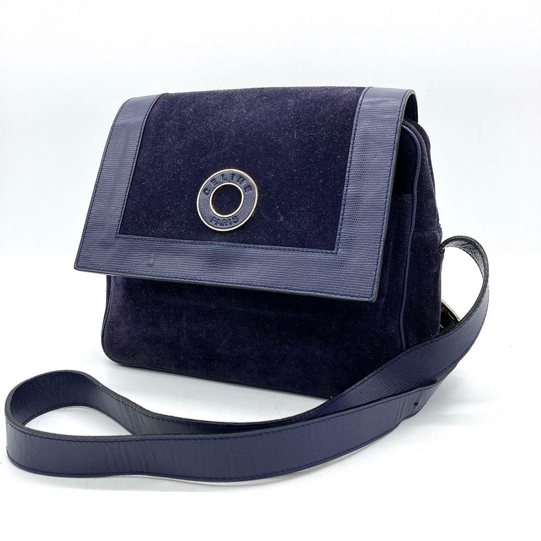 CELINE Circle Logo Shoulder Bag Suede Leather Purple Strap 120cm Authentic