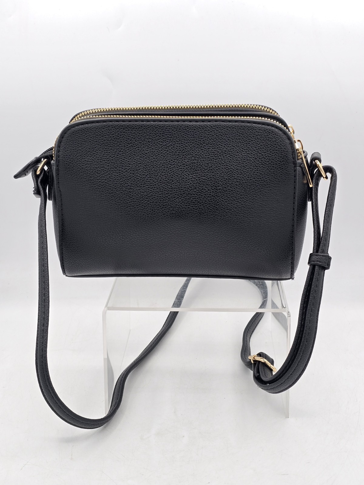 NEW Black Faux Leather Small Crossbody Bag W/Gold Tone Metal Deco