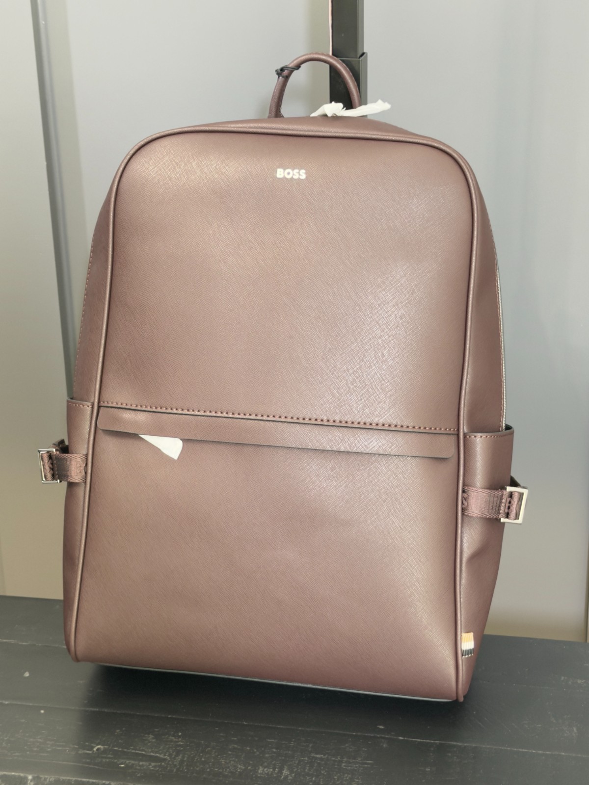 NWT BOSS Zair Leather Backpack, Taupe/Dark Red, $299 MSRP