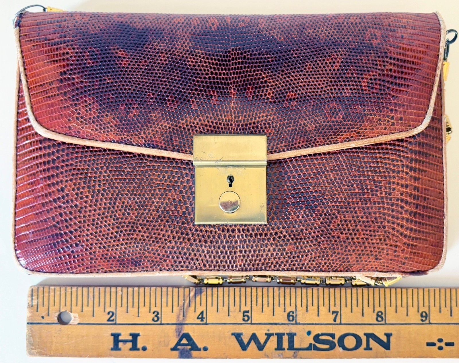 Vintage Brown Snakeskin Leather Clutch Shoulder Bag Gold Chain Evening Purse