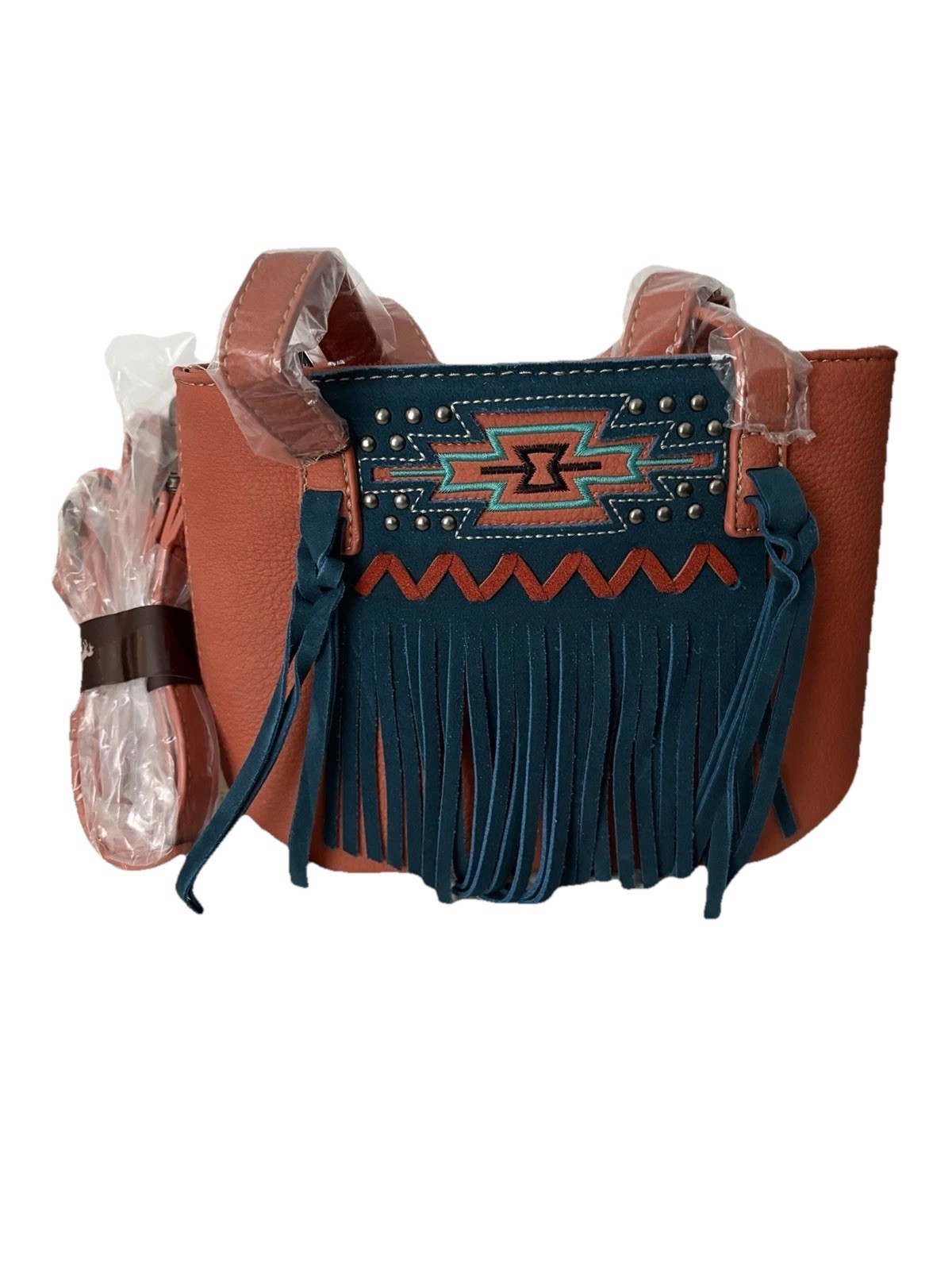 MW1214-923OR Montana West Aztec Orange & Blue Studded Bag Suede Tassels NWT