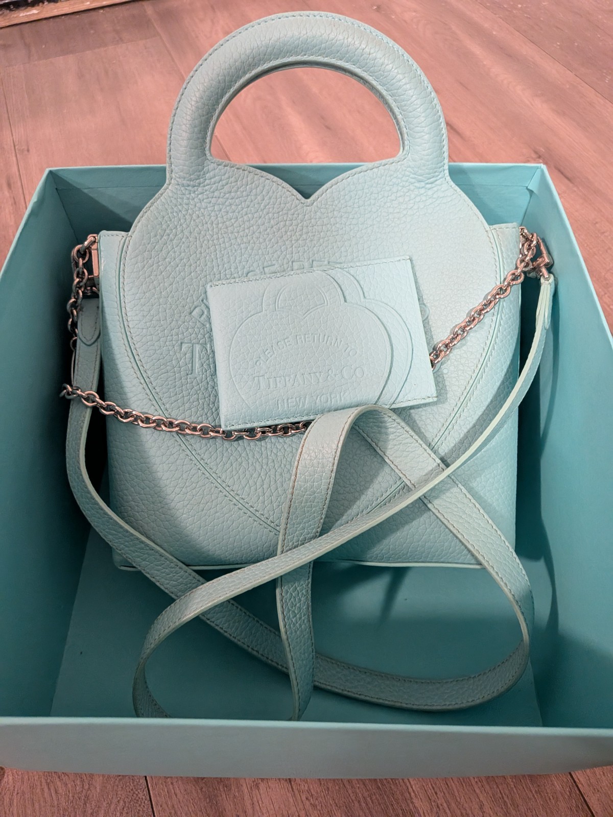 Tiffany & Co. Blue Heart Top Handle Bag, Solid, Detachable Chain Strap