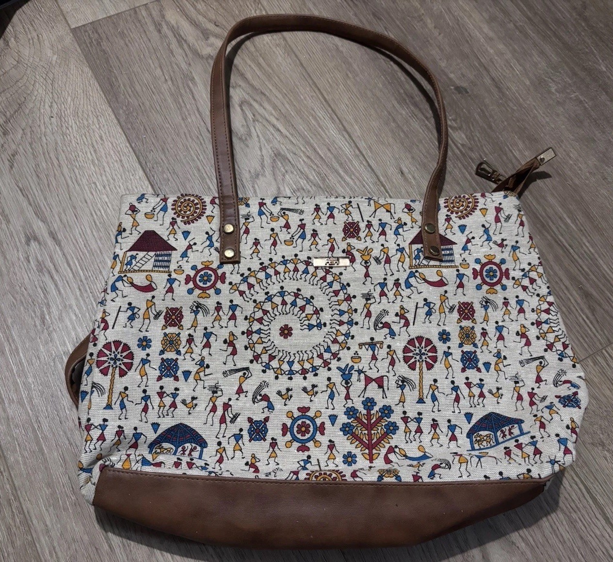 Canvas tote bag vibrant multicolored Warli art print 11 x 3.25