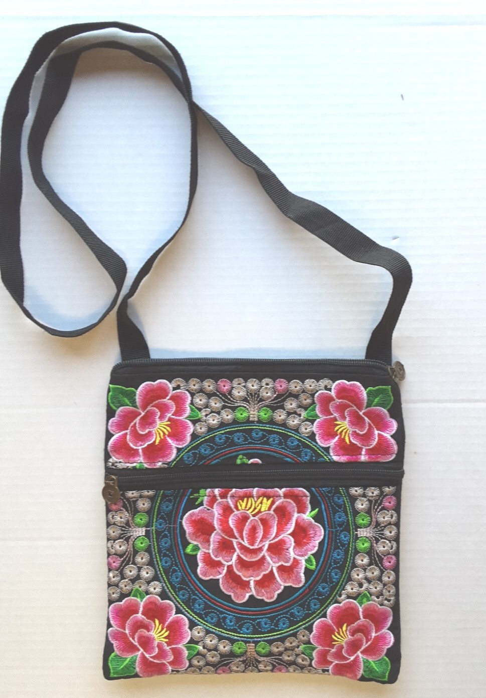 Embroidered Canvas Crossbody Bag Purse Zippered Lined Lightweight Lotus Flowers