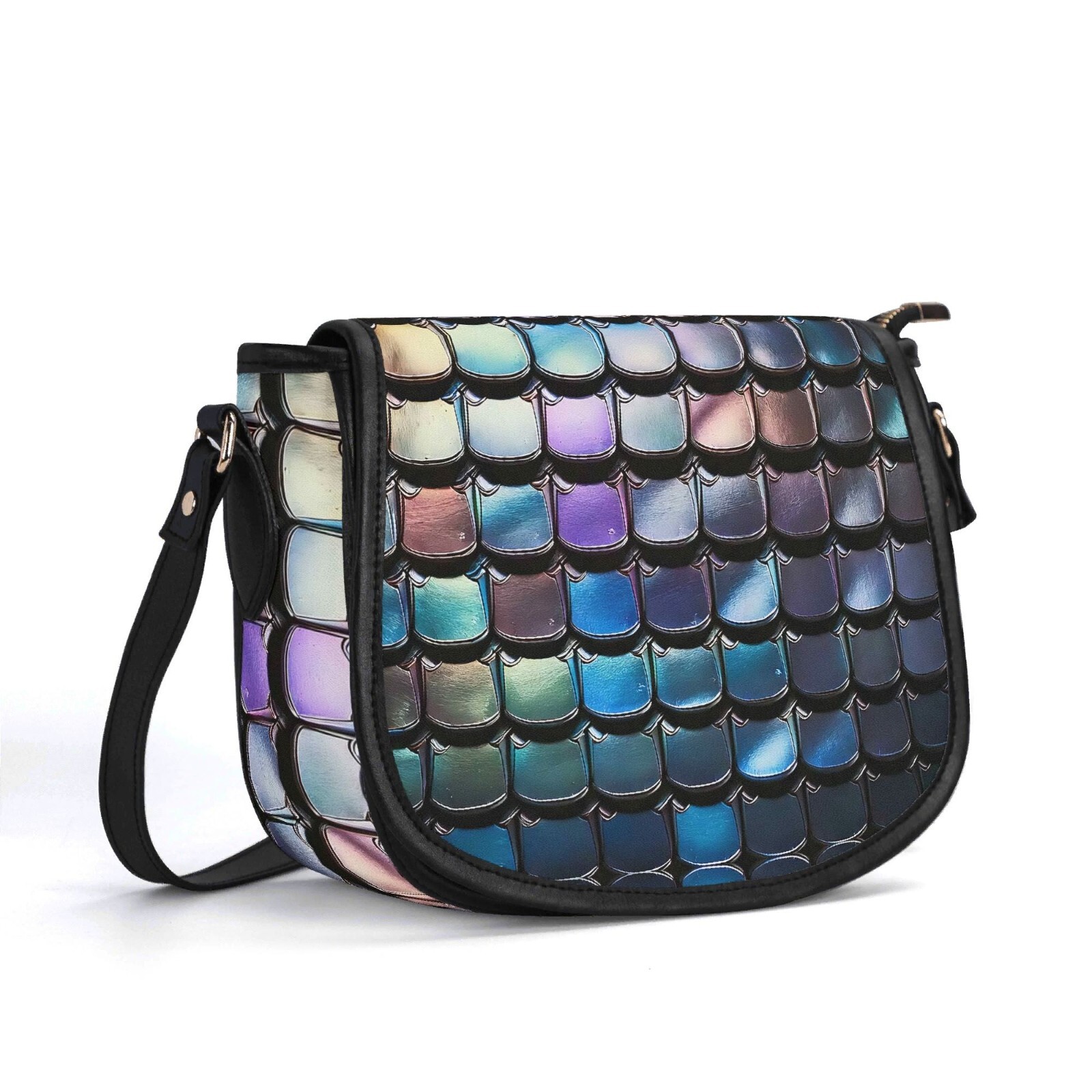 Sequin Iridescent Scales Genuine Leather Saddle Shoulder Bag Handbag Purple Blue