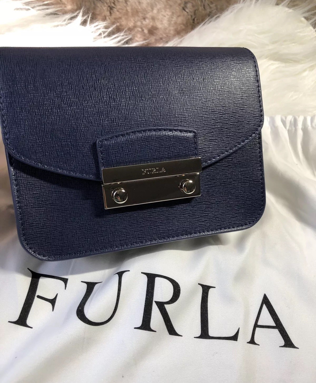NWT Furla Mini Julia Crossbody Bag Purse In Dark Navy Blue Saffiano Leather