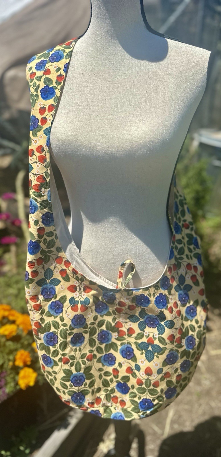 Artisan Made Crossbody Slouchy Hobo Bag Cotton Yellow Strawberries Pansies