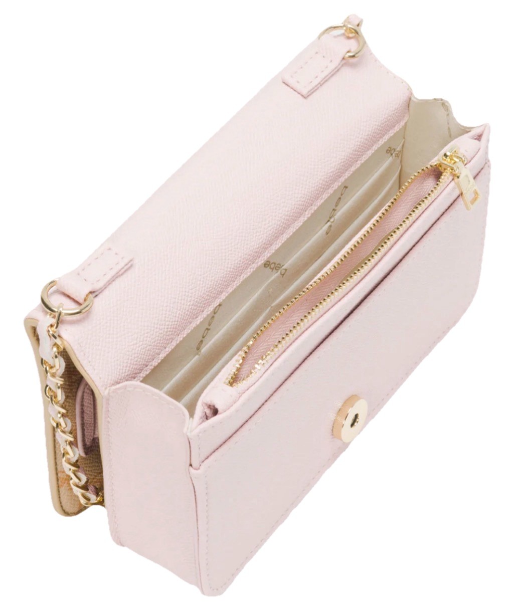 bebe Beige Pink Logo Shoulder Bag Gold Hardware Chain Strap Designer