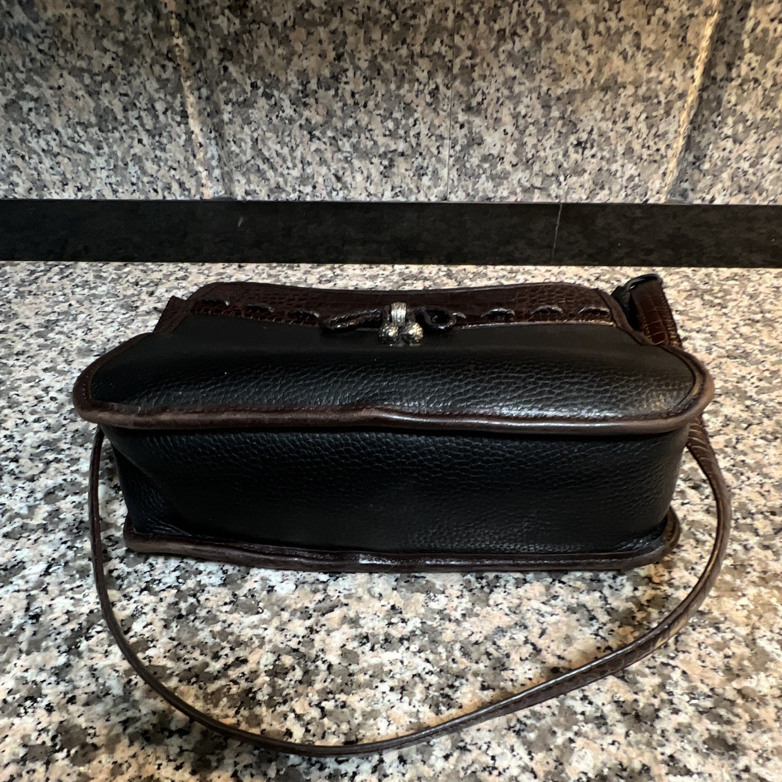 Longaberger Black/Brown Pebbled Zip Shoulder Bag Silver Hardware Heart Charm Sm