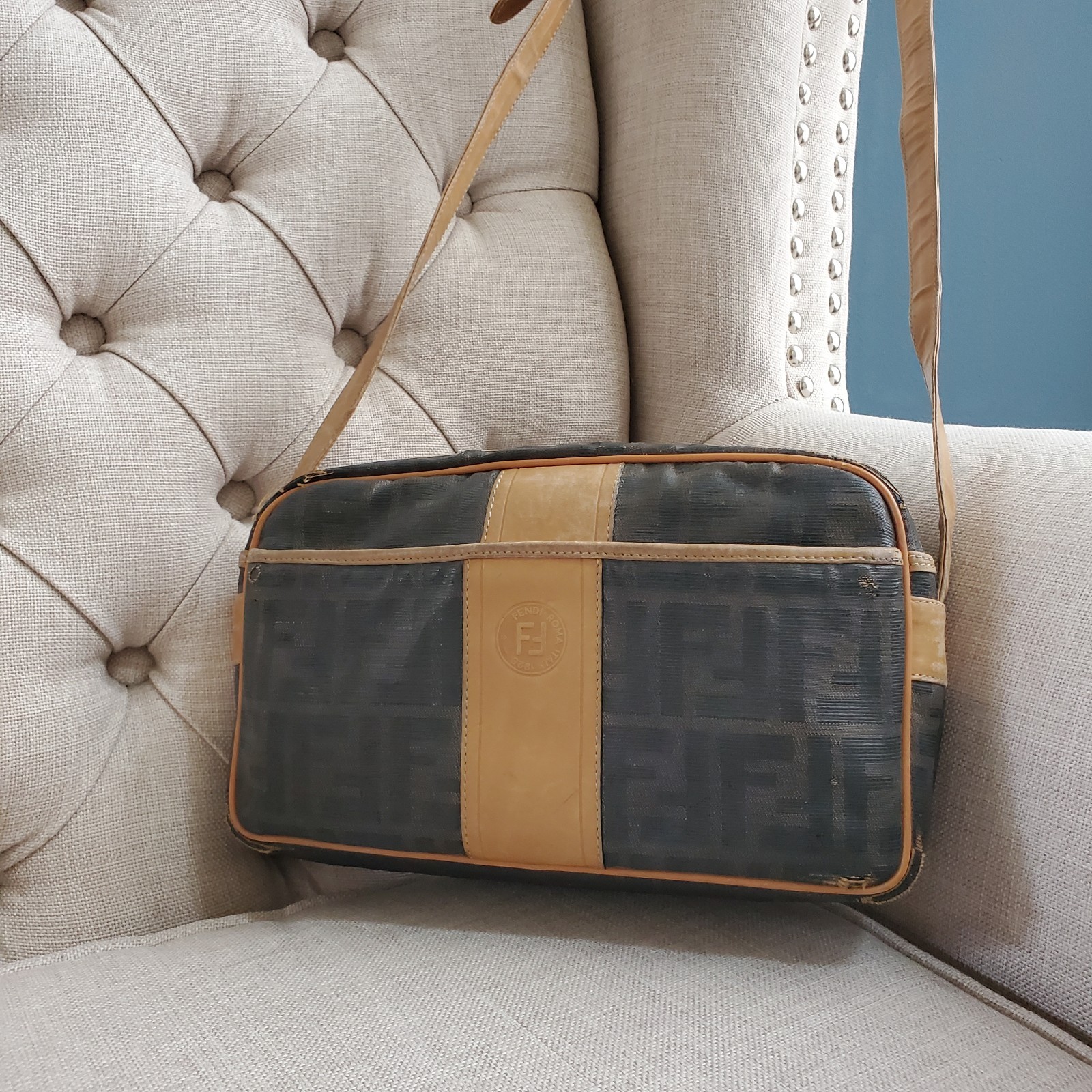 Vintage Fendi Zucchino FF Monogram Canvas Crossbody Bag Brown Tan Leather Trim