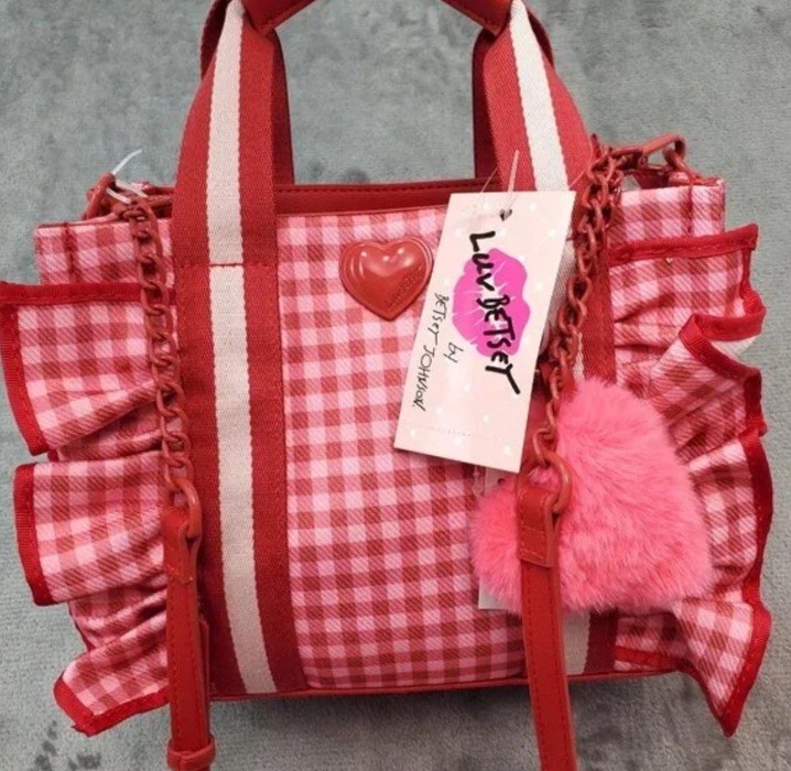 Betsey Johnson Pink Red Gingham Ruffle Tote Bag Heart Charm Crossbody Purse NWT