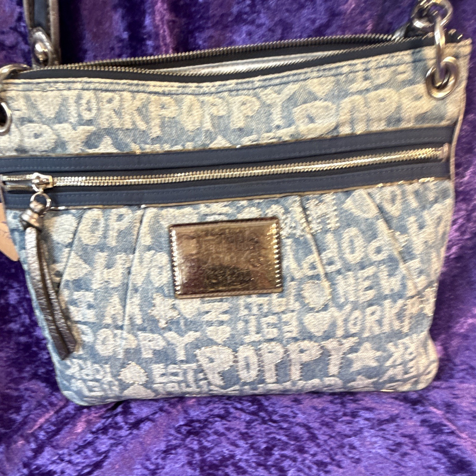 Coach Poppy Blue Logo Shoulder Bag Zip Closure Lined Detachable Strap Silver