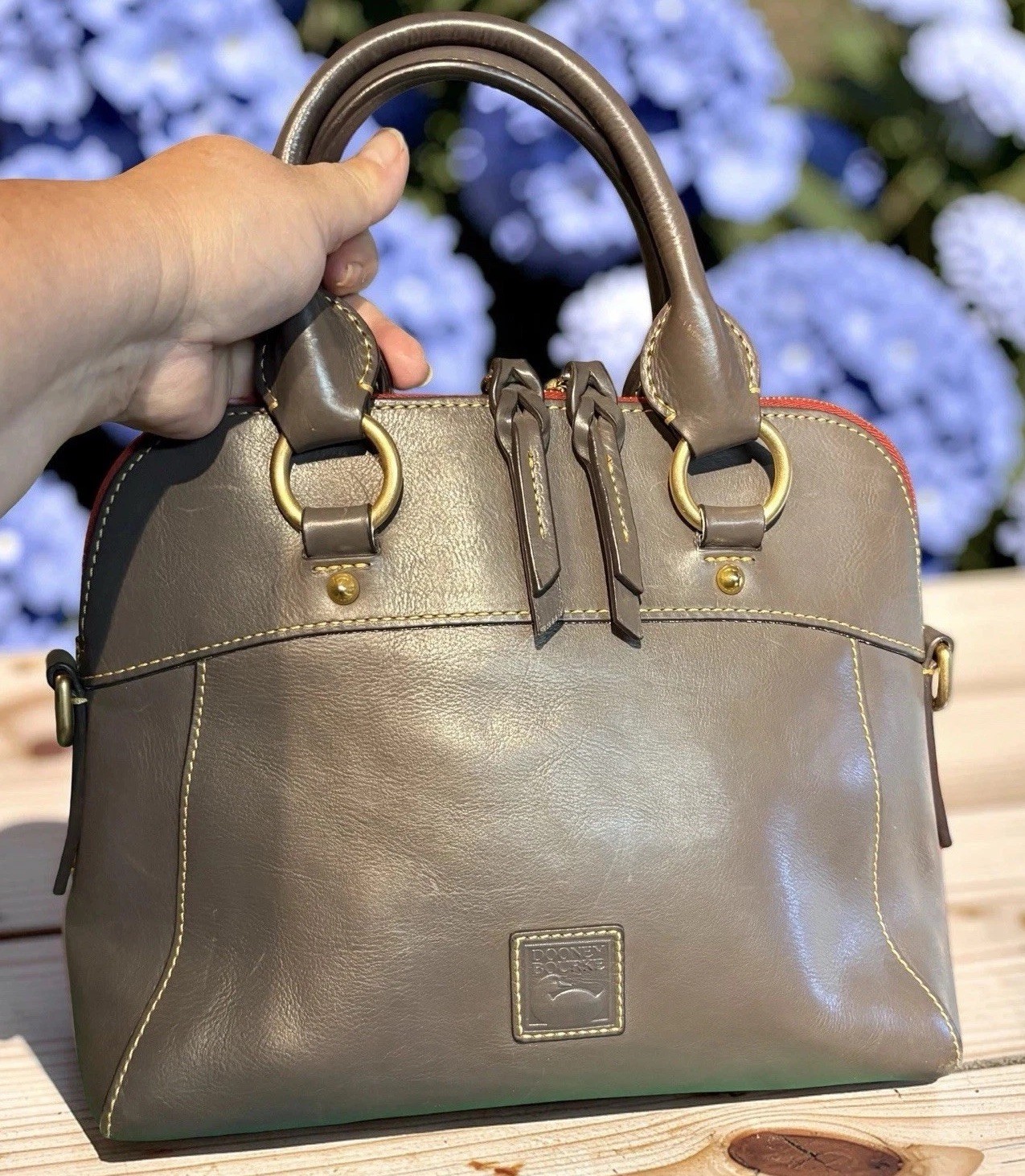 Dooney Bourke Elephant Gray Cameron Florentine Vacchetta Leather Satchel Bag