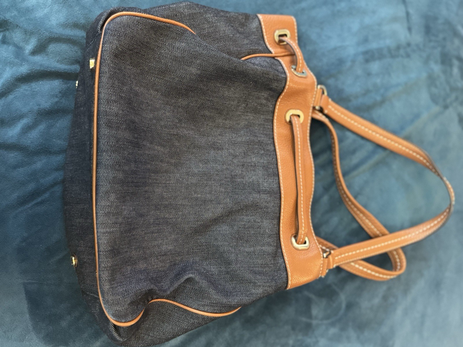 Michael Kors Gold Denim Leather Marina Drawstring Tote Purse