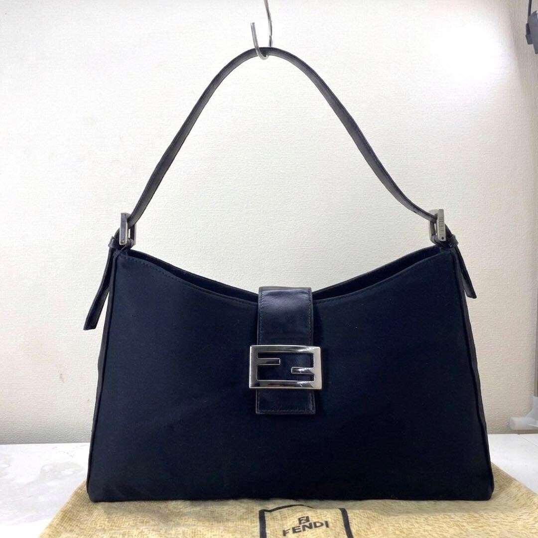 Fendi Mamma Baguette Black Cotton Jersey Leather Shoulder Bag 3541 Auth