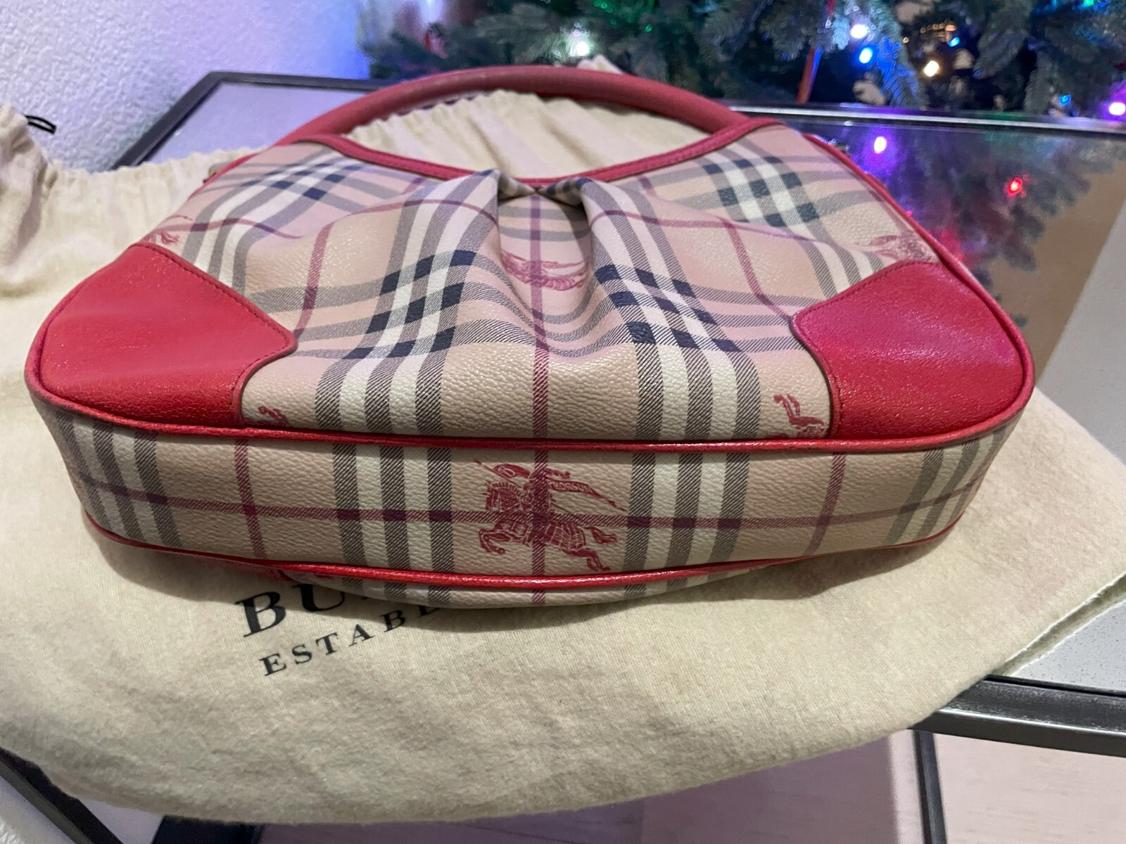 Burberry Red/Beige Haymarket Check PVC and Leather Hobo Bag