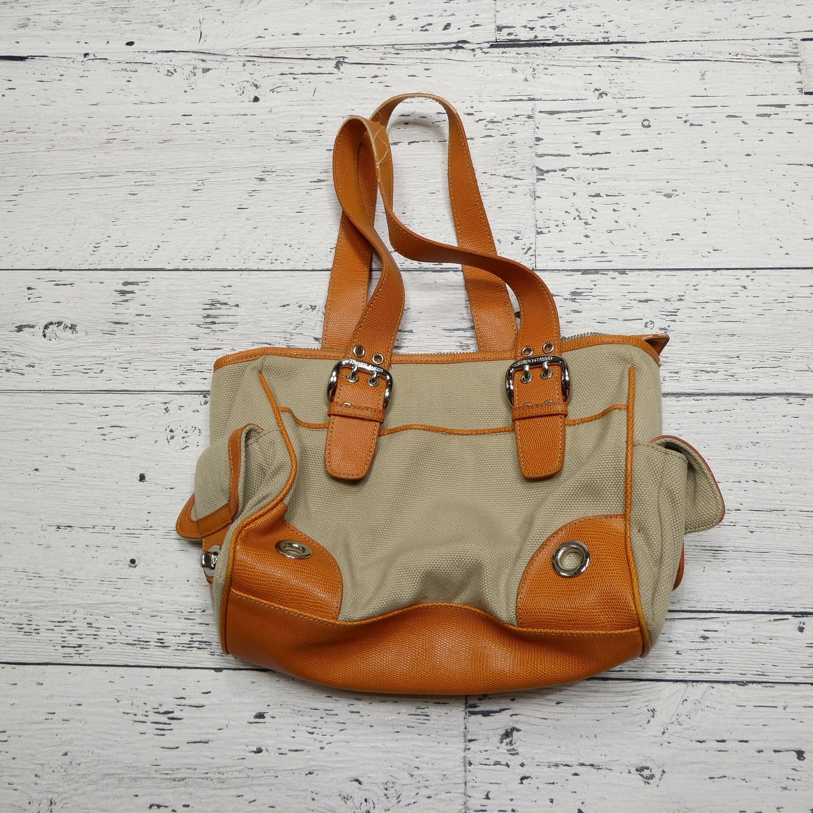 Franco Sarto Handbag Womens Tan Orange Shoulder Canvas Faux Leather Turn Lock