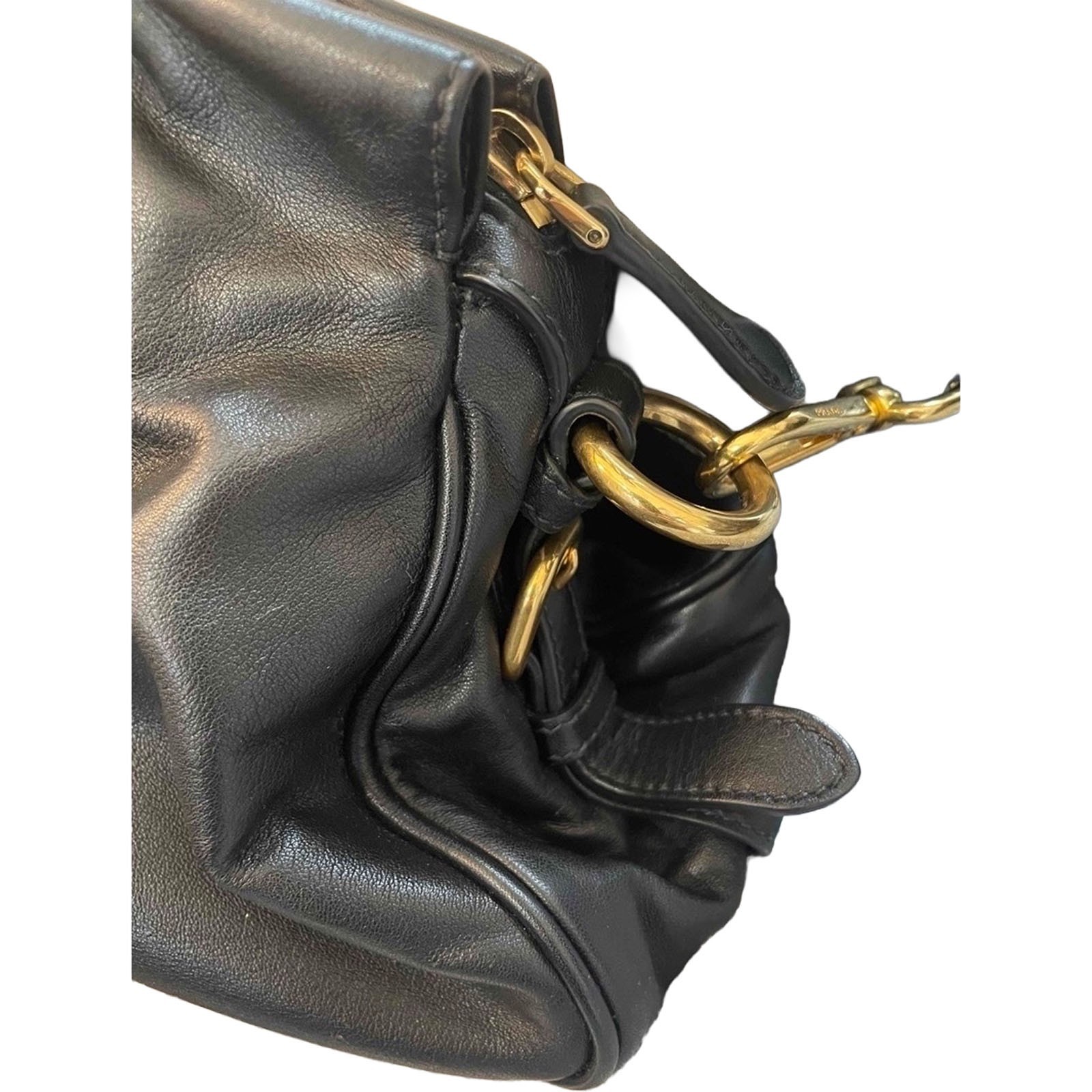 PRADA BN1903 Soft Calf Leather 2Way Handbag Black Gold Nero Shoulder Tote Auth