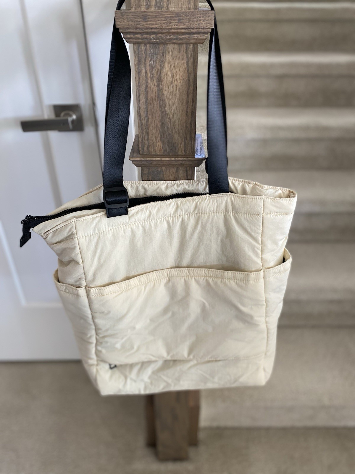 Ladies Tote Bag Cream with Black Straps and Zipper Closure