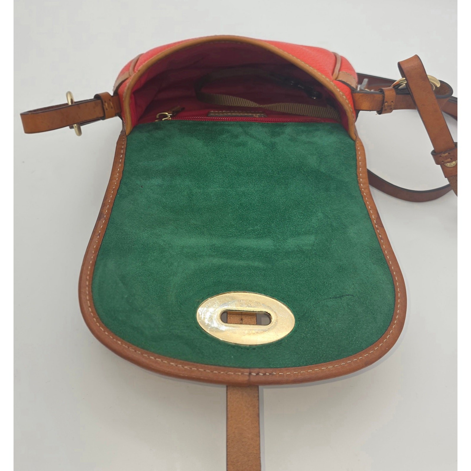 Dooney & Bourke Two-Tone Saddle Crossbody – Coral & Tan, Gold Hardware