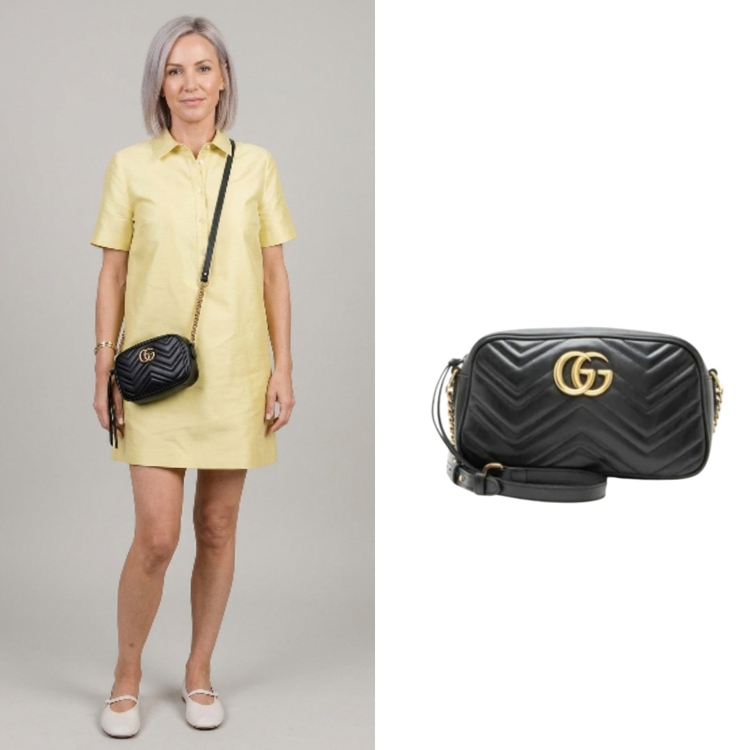 Gucci GG Marmont Mini Camera Bag Black Chevron Quilted Leather Crossbody Style