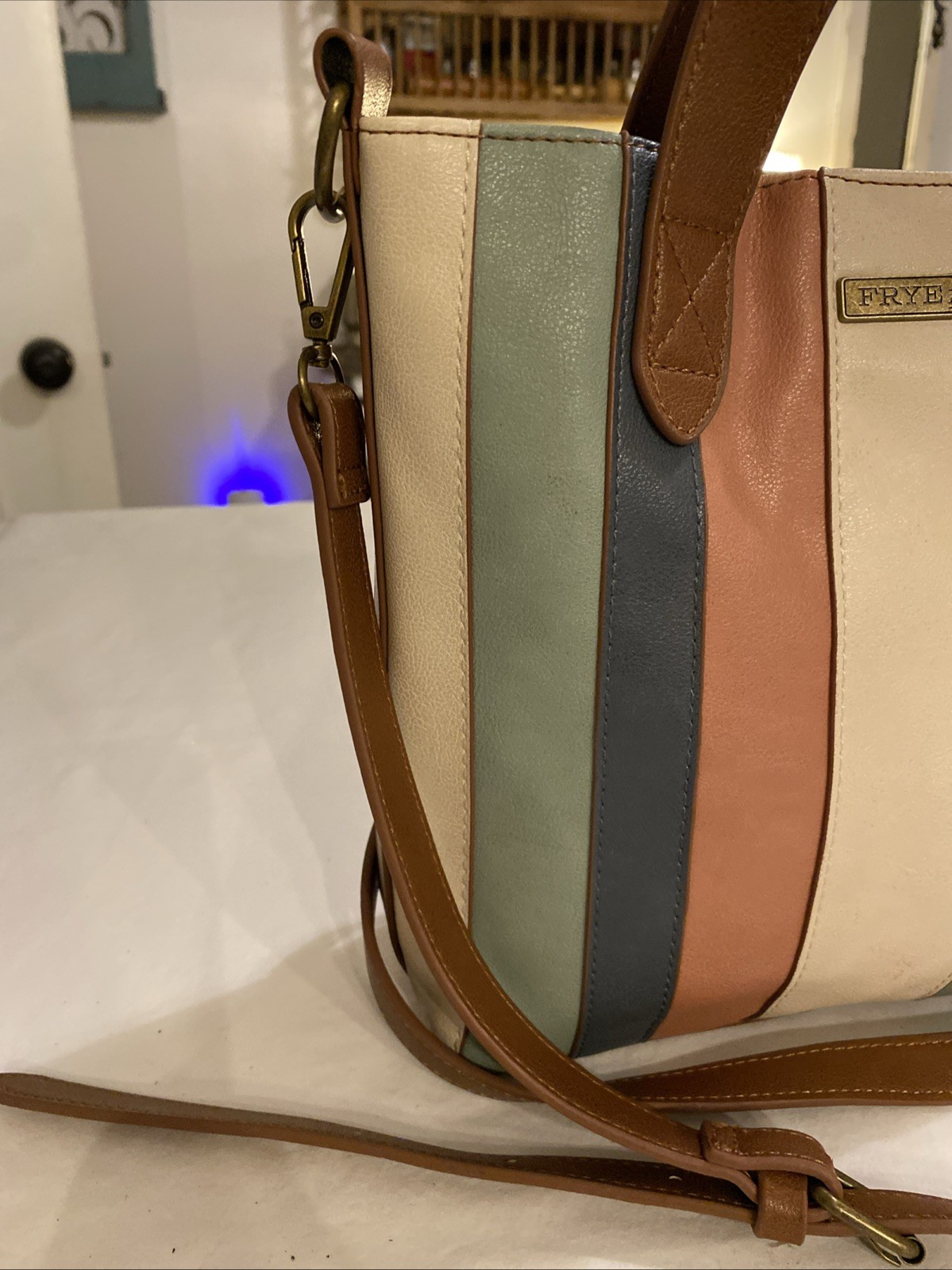 Frye & Co Pink Brown Teal Stripe Mini Shopper Tote Bag Purse Top Handle Shoulder
