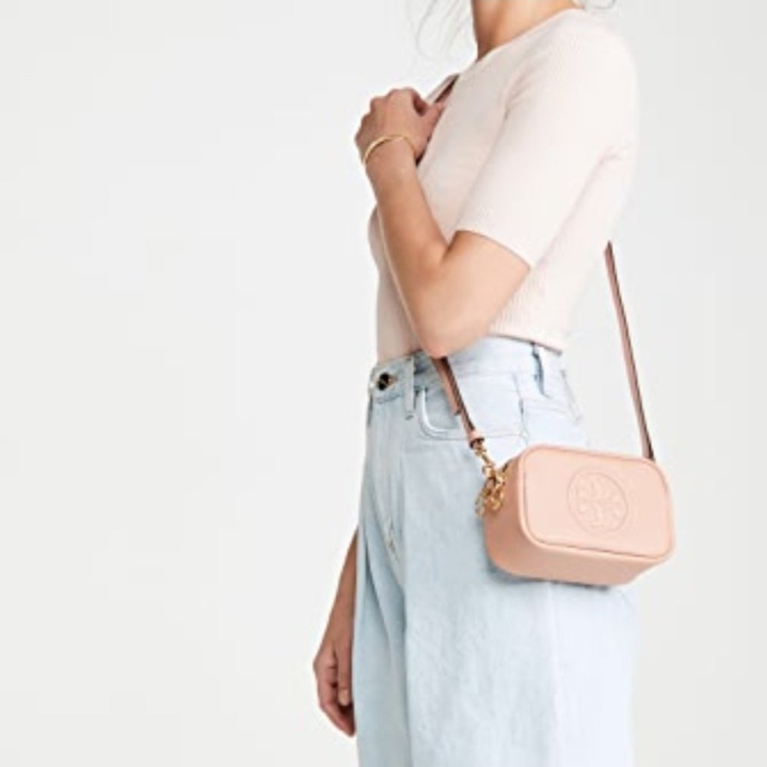 NWT Tory Burch Perry Bombe Mini Leather Crossbody Bag SHELL Pink Enbossed Logo