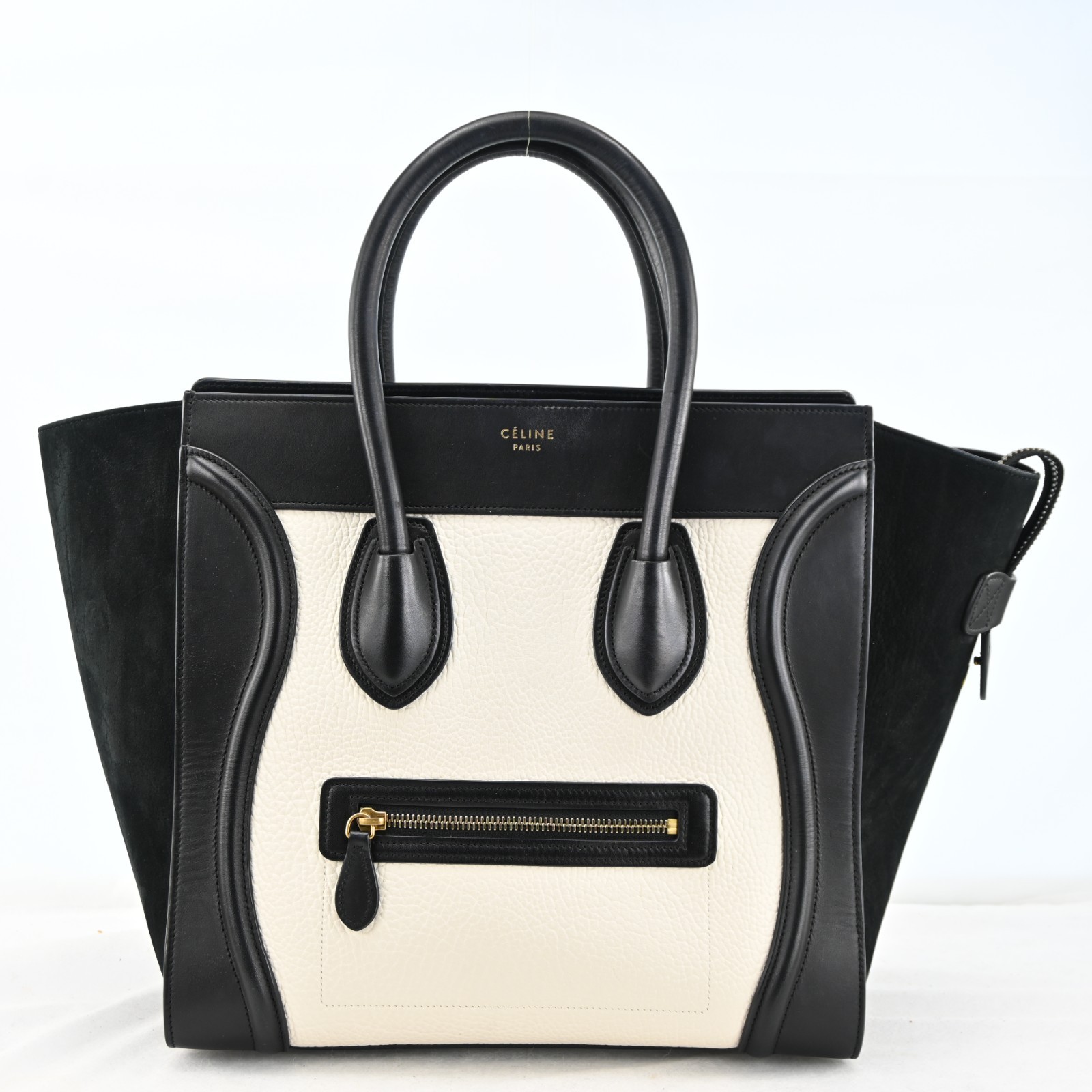 CELINE Luggage Mini Shopper Hand Bag Leather Black x White R3917YJ805