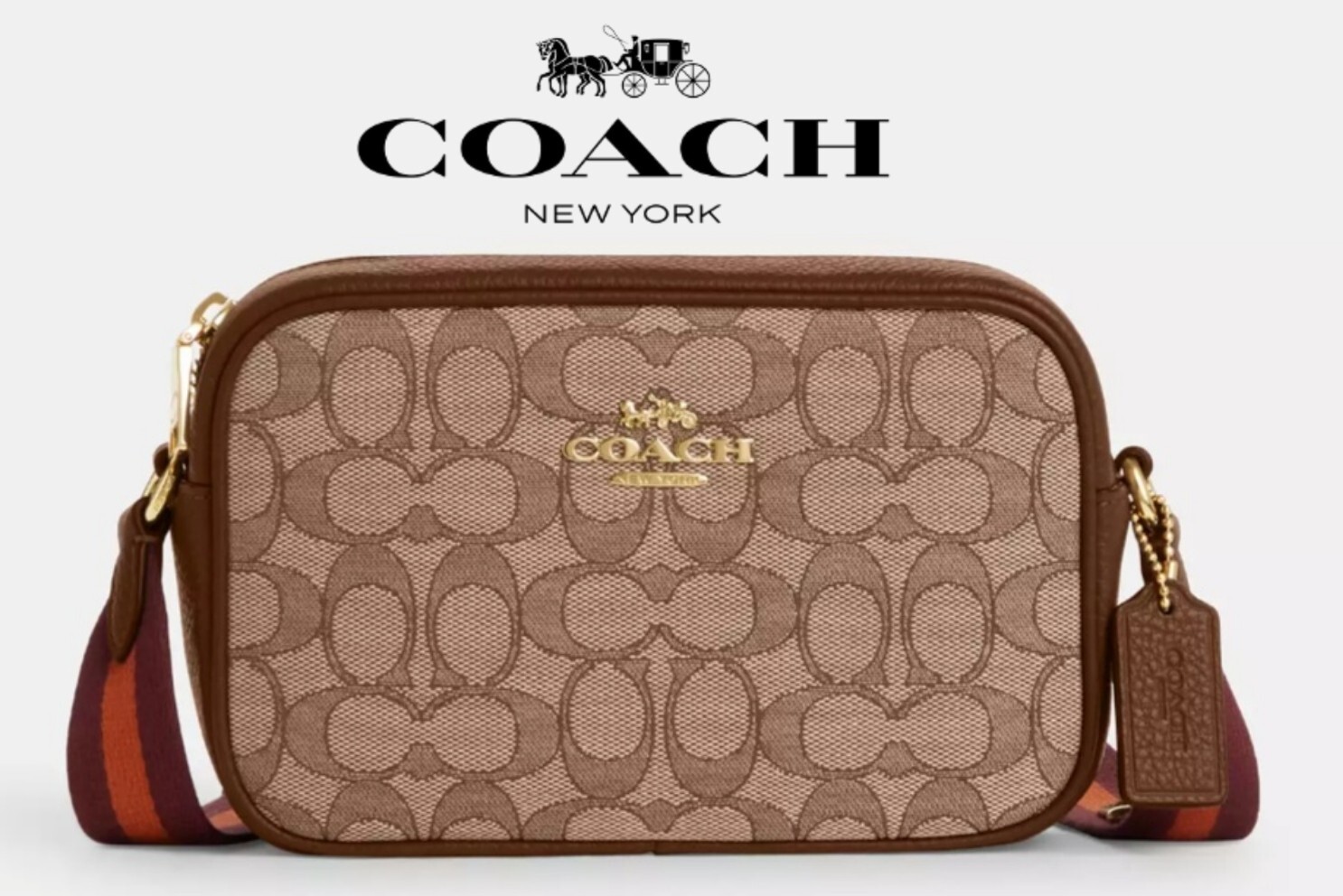 Coach CO927 Mini Jamie Camera Bag Khaki Signature Jacquard Saddle Leather NWT